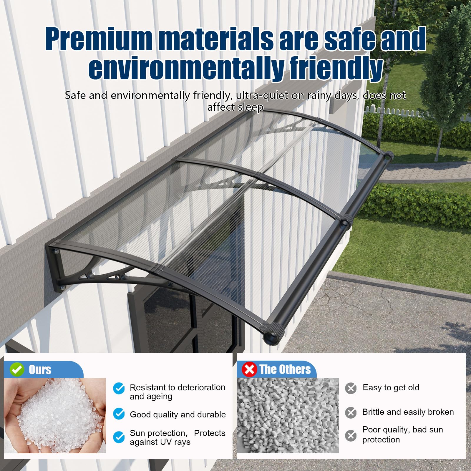 Marquesina Puerta Exterior, 200x100 cm Techo Exterior Lluvia UV/Resistencia a Vientos/Nieve, toldo con Sistema de Drenaje de Policarbonato para Tejado, Porche, Terrazas, Ventana