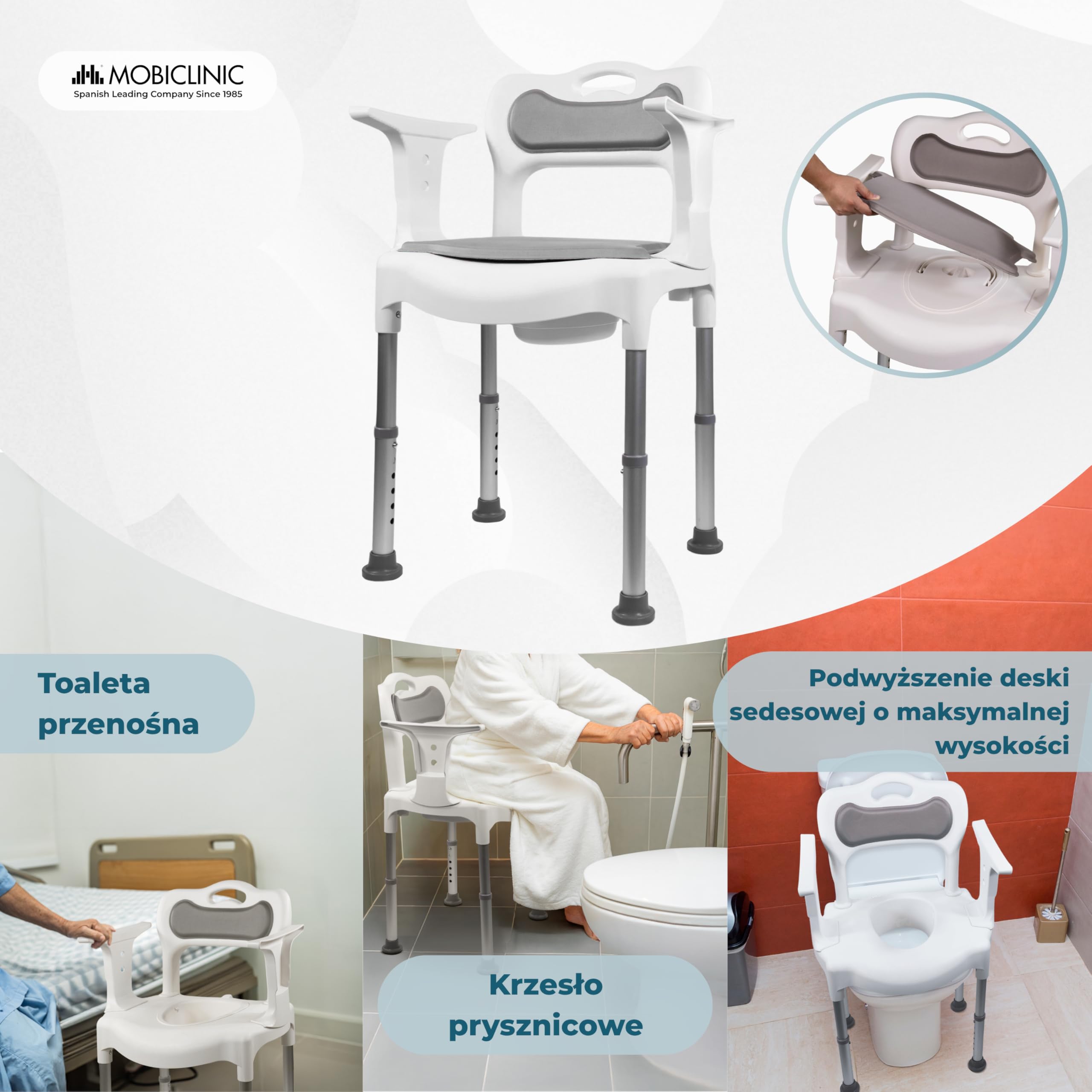 Mobiclinic®, Krzesło Toaletowe, do Kąpieli i pod Prysznic, 3 w 1, 6-stopniowa Regulacja Wysokości, Wyjmowany Pisuar 3,5L, Poduszki na Siedzisko i Oparcie, Antypoślizgowe Nakładki, Guido