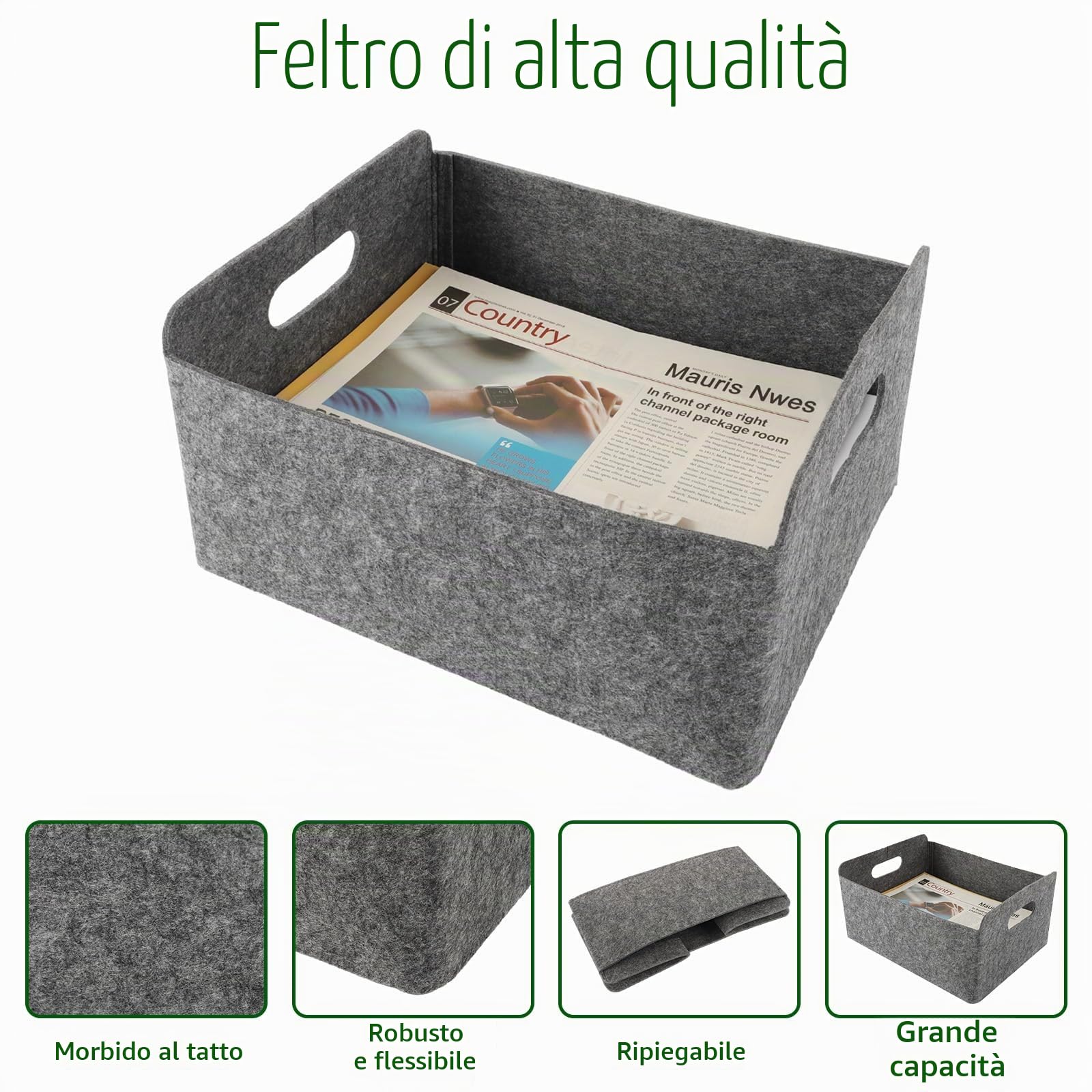 WOPPLXY 4 Pezzi Cestino Portaoggetti, 30 x 26 x 12.5 cm Cestino Pieghevole in Feltro, Cesta de Almacenaje per Armadi, Librerie e Cassetti (Grigio)