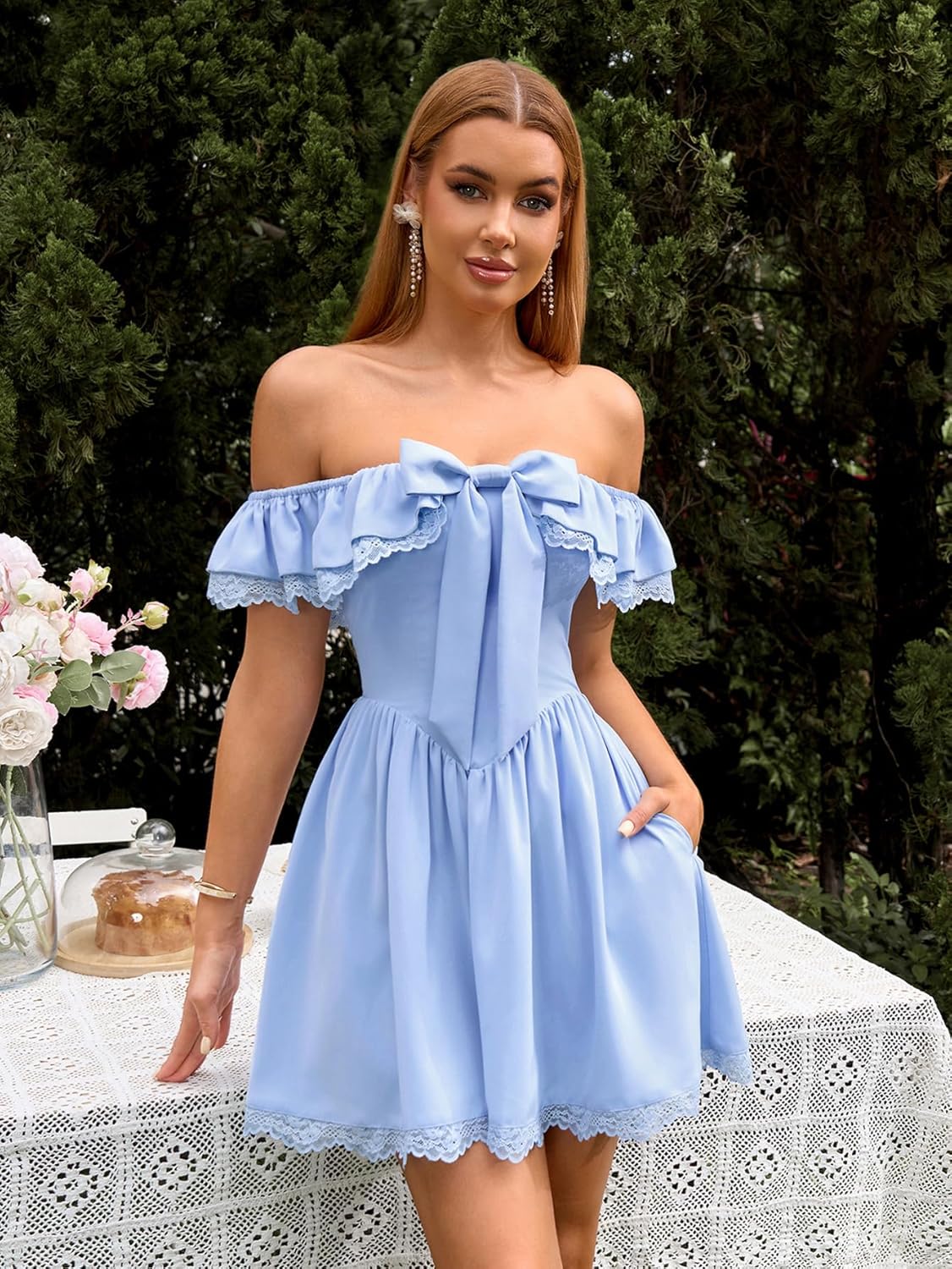 EYNMIN Women's Off The Shoulder Mini Dress Lace Bow Tie Flowy A Line Cute Casual Short Dresses with Pocket - Image 2