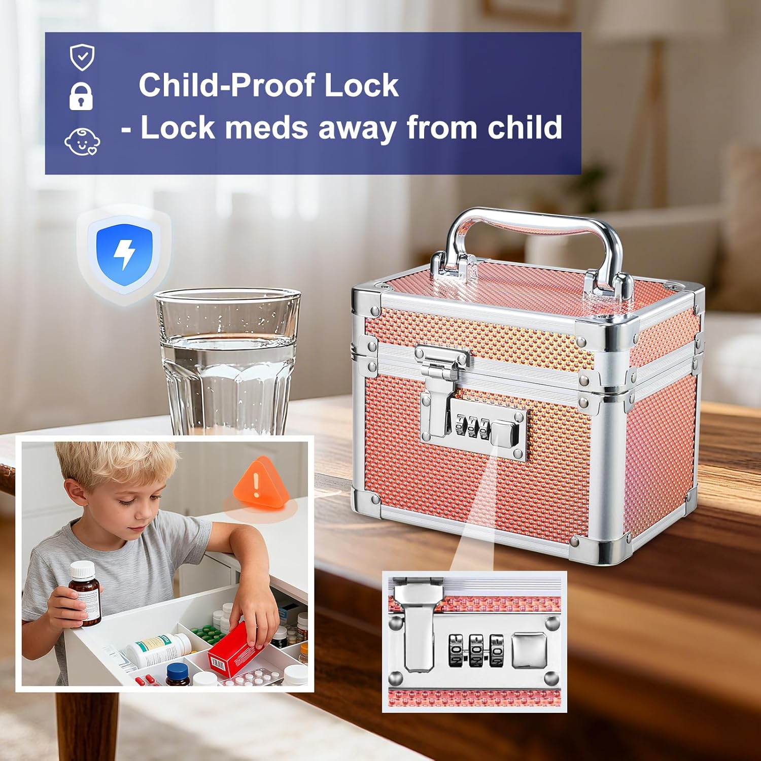 Adazzo Lockable Storage Box - Shiny Gold Medicine Med Lock Box, 7 * 5.25 * 5.75 Inches Safe Case with Combination Lock for Home, Dorm, Office, or Travel - Mini Size