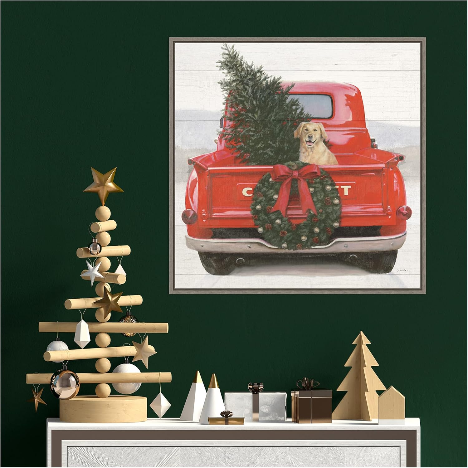 Christmas Red Truck with Dog Framed Canvas Wall Art