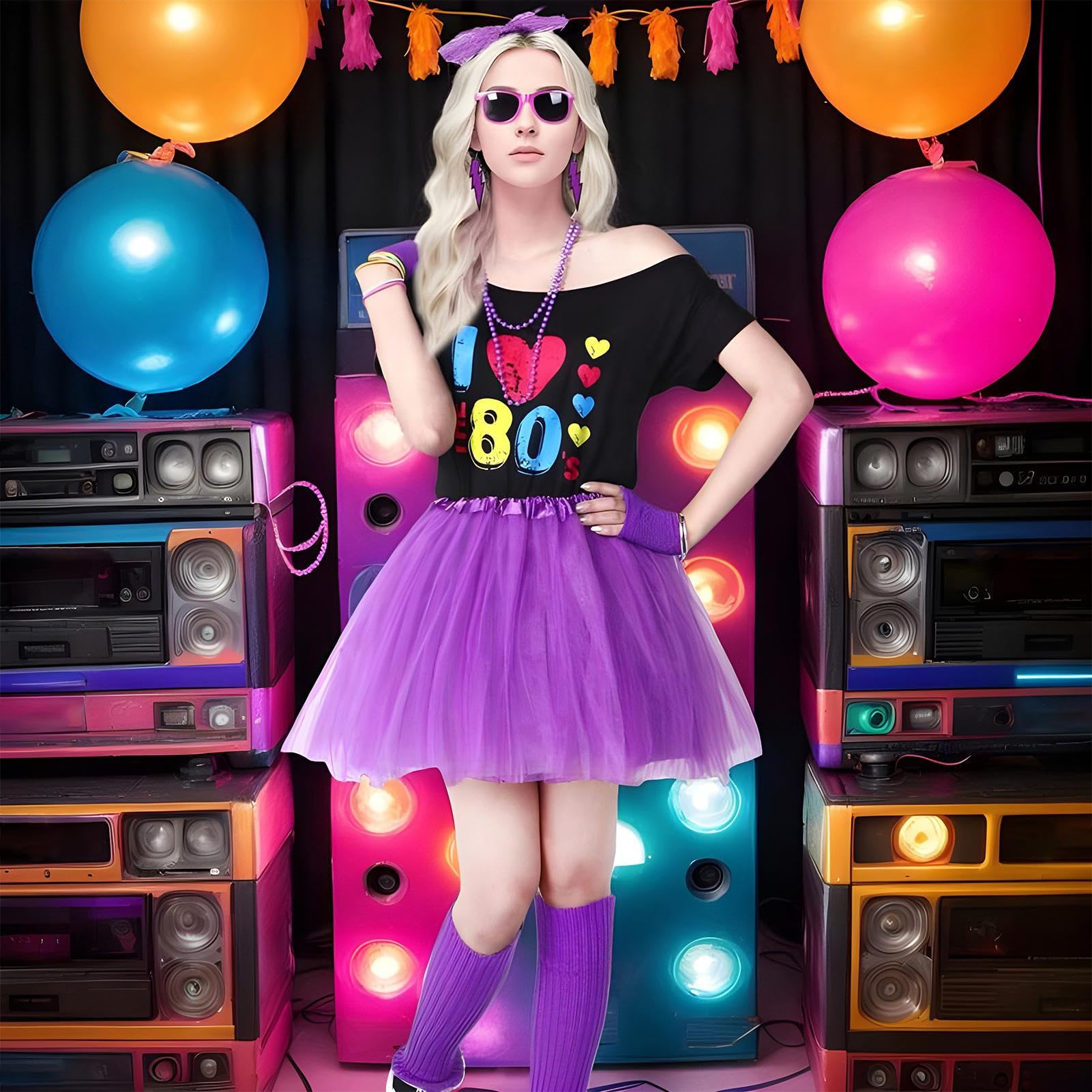 Conjunto genérico de traje de mujer de los años 80 para mujer, traje de mujer de los años 80, guantes leggings tutu falda, traje de cosplay 1980, top con hombros descubiertos, conjunto de accesorios