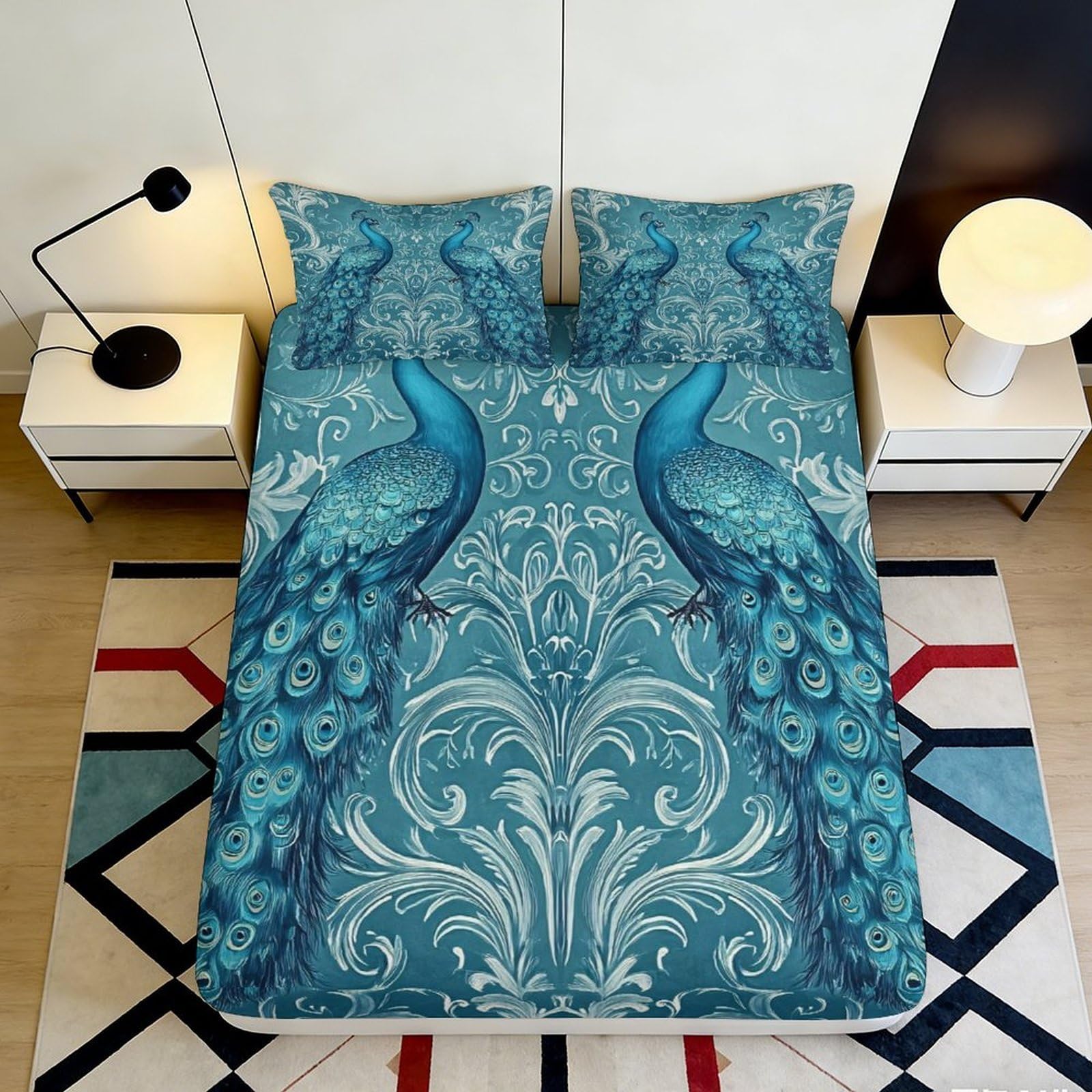 3D Printed Blue Peacock Fitted Sheet Microfiber Soft Breathable Ornamental Mattress Cover for Bedroom Dormitory Guest Room Protection Decoration 200x200x25cm