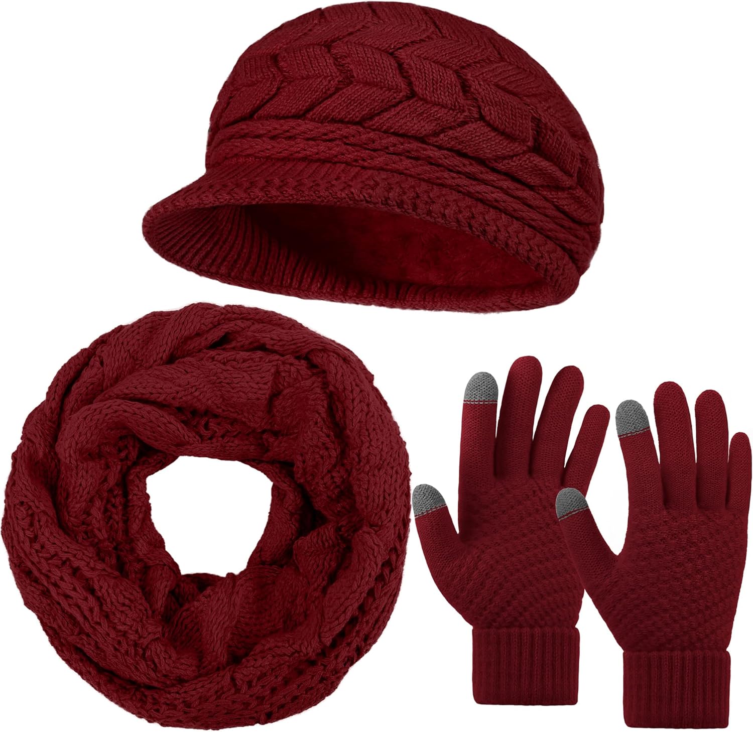 URATOT 3 Pieces Winter Beanie Hat with Brim Scarf Glove Warm Cap with Visor Knitted Touch Screen Glove Gifts for Women