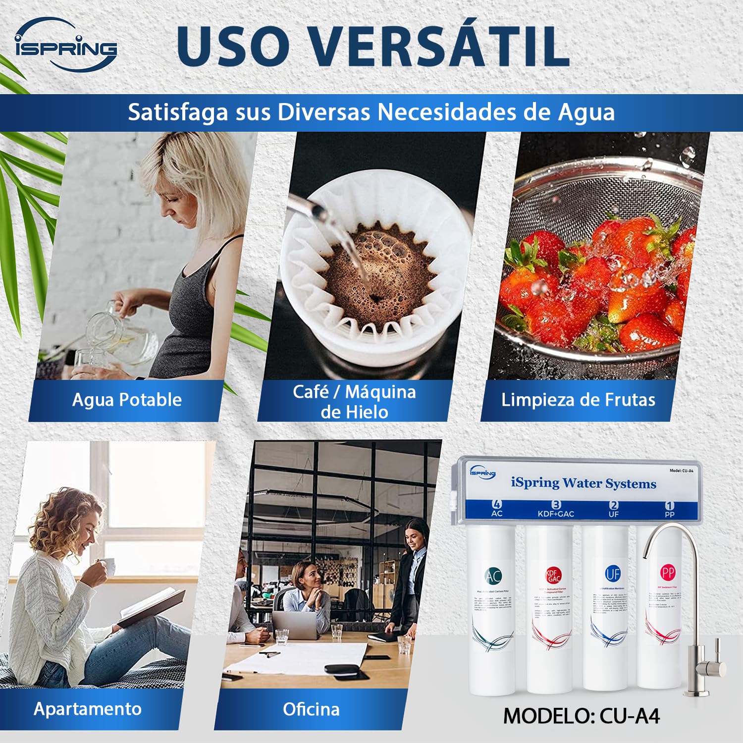 iSpring CU-A4 0.01μm Ultrafiltración Bajo el Fregadero, Sistema de Filtro de Agua, Sin Tanque, 4 Etapas, Alta Capacidad, Elimina el 99,99% de Contaminantes, Cambio Rápido, Filtro con Grifo de Cromo