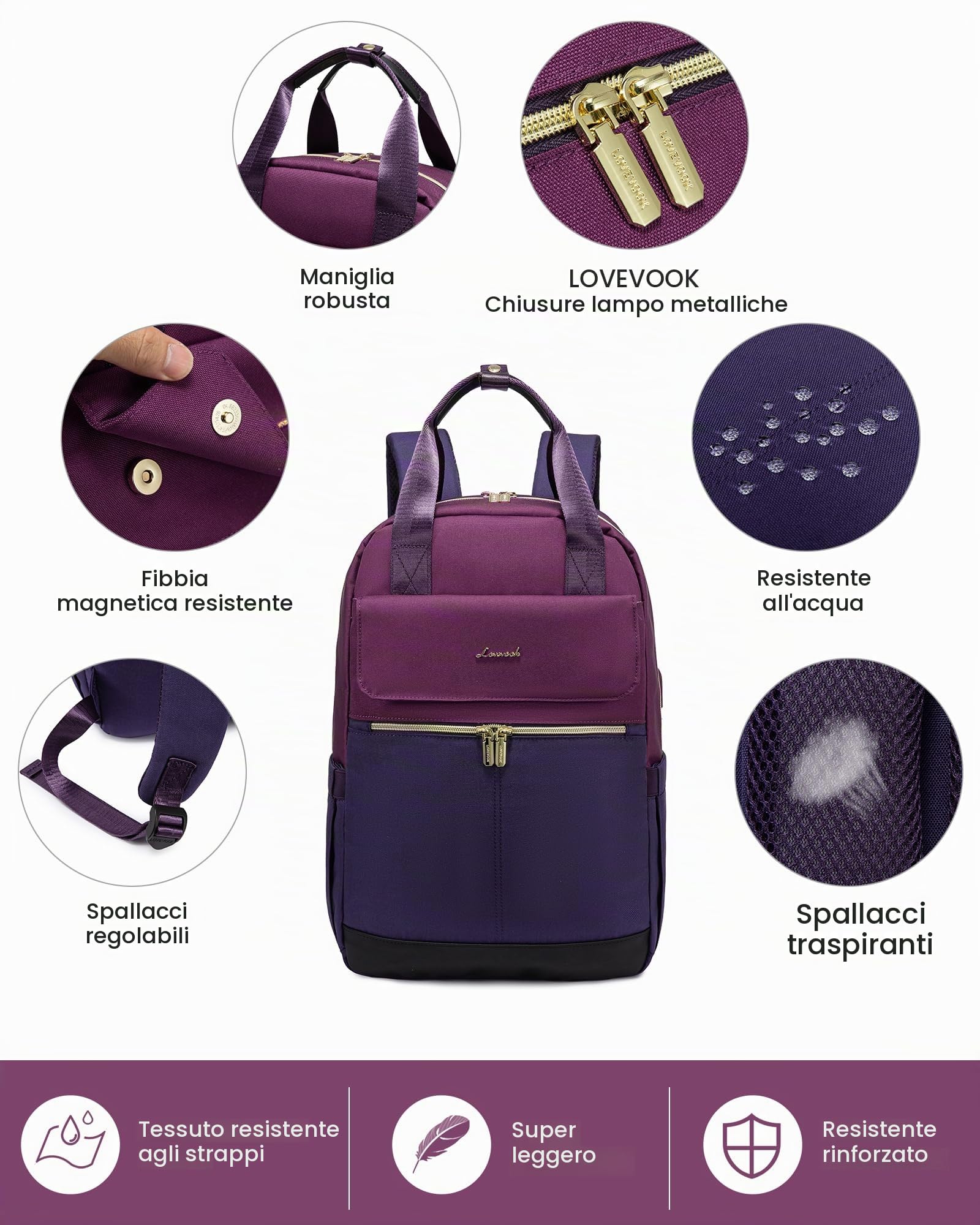 LOVEVOOK Zaino da donna, per la scuola, per adolescenti, ragazze, con scomparto per laptop, da viaggio, impermeabile, elegante, per università, viaggi, ufficio, Blu-Viola , 15.6", Casual