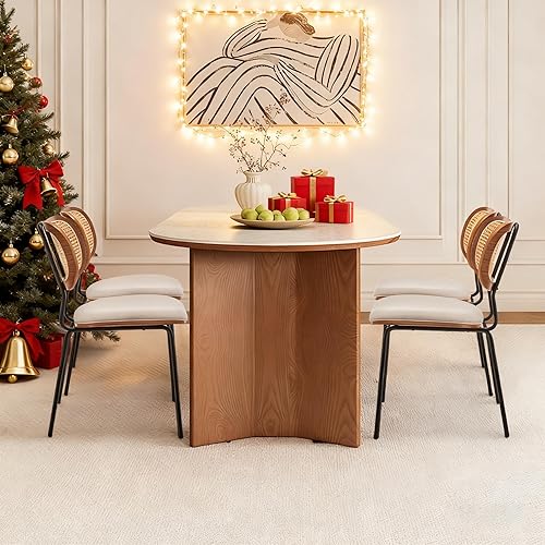 Miniatura 4 de Juego de 2 sillas de comedor de ratán, sillas de comedor modernas de mediados de siglo con respaldo de caña para cocina y comedor, tela de 19