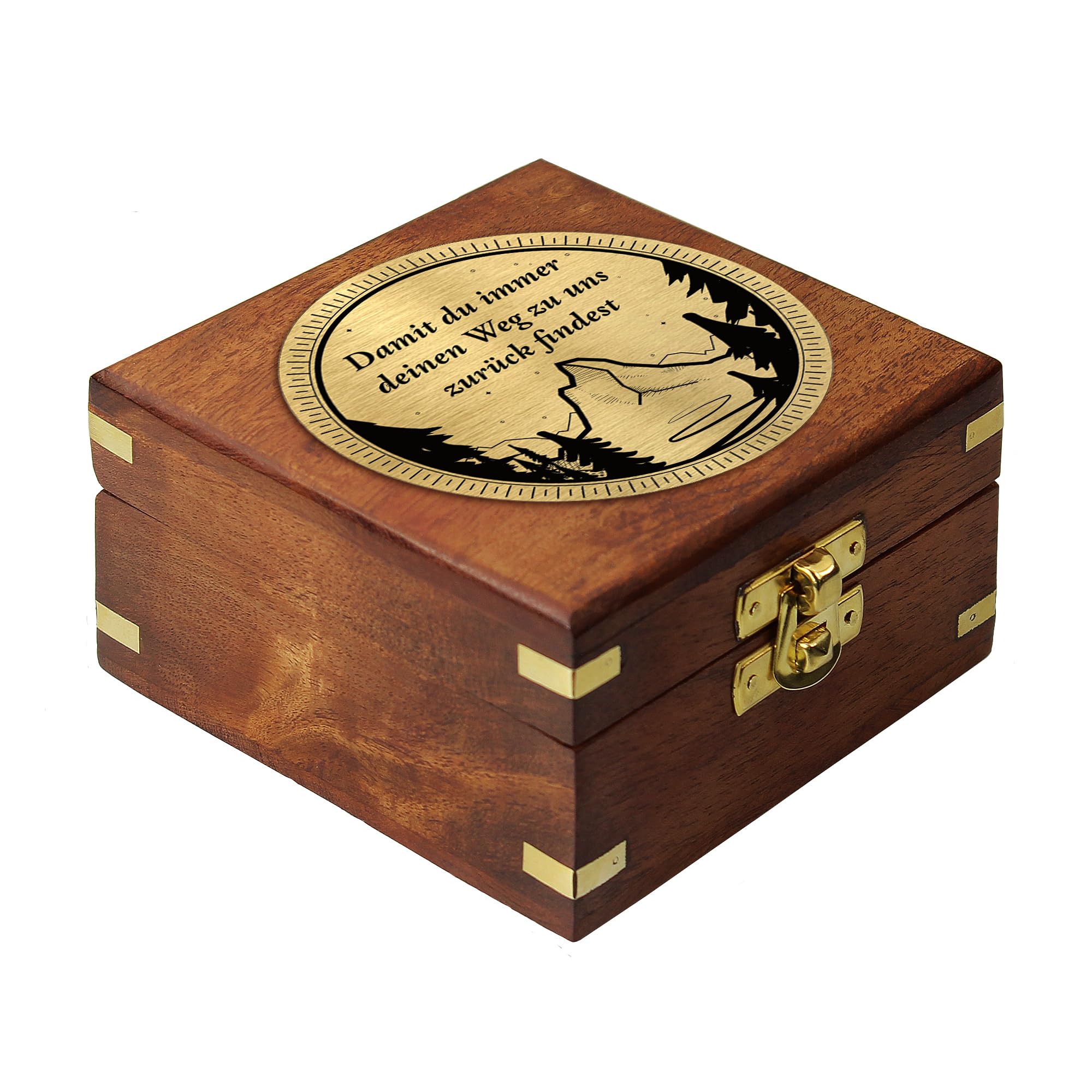 Casa Vivente Sonnenuhr-Kompass aus Messing mit eleganter Holzbox und personalisierten Gravur, Nautische Geschenkidee