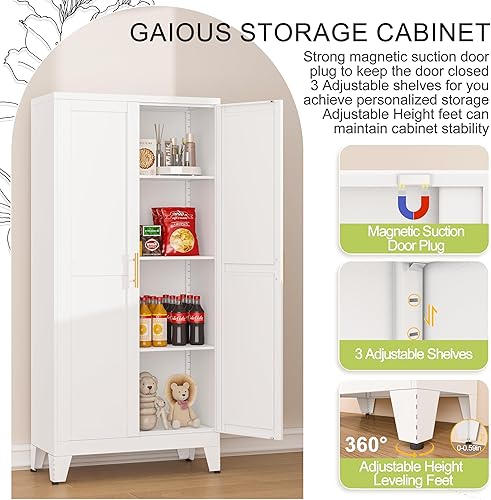 Miniatura 3 de Armario de despensa de metal, armarios de almacenamiento de despensa de cocina con 2 puertas y 3 estantes ajustables, armario de despensa de cocina