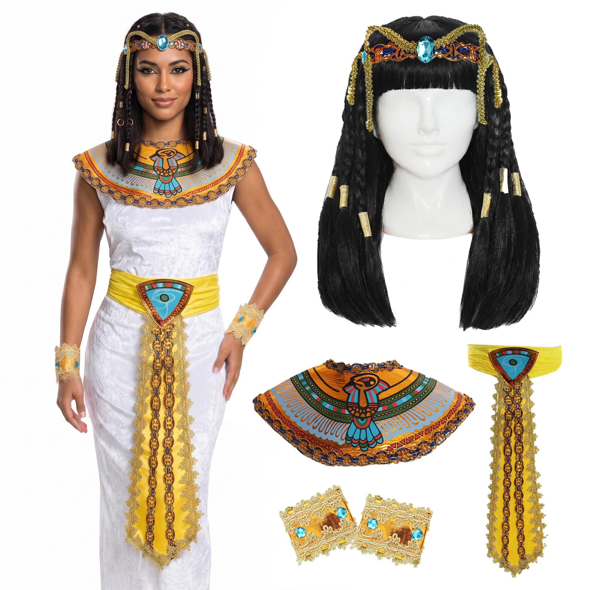 LADIES QUEEN OF THE NILE COSTUME CLEOPATRA FANCY DRESS INCLUDING WIG - WHITE VELOUR DRESS + COLOURED COLLAR + YELLOW GOLDEN BELT + HEADPIECE + ARMBANDS + BLACK EGYPTIAN WIG - SIZE: X-LARGE