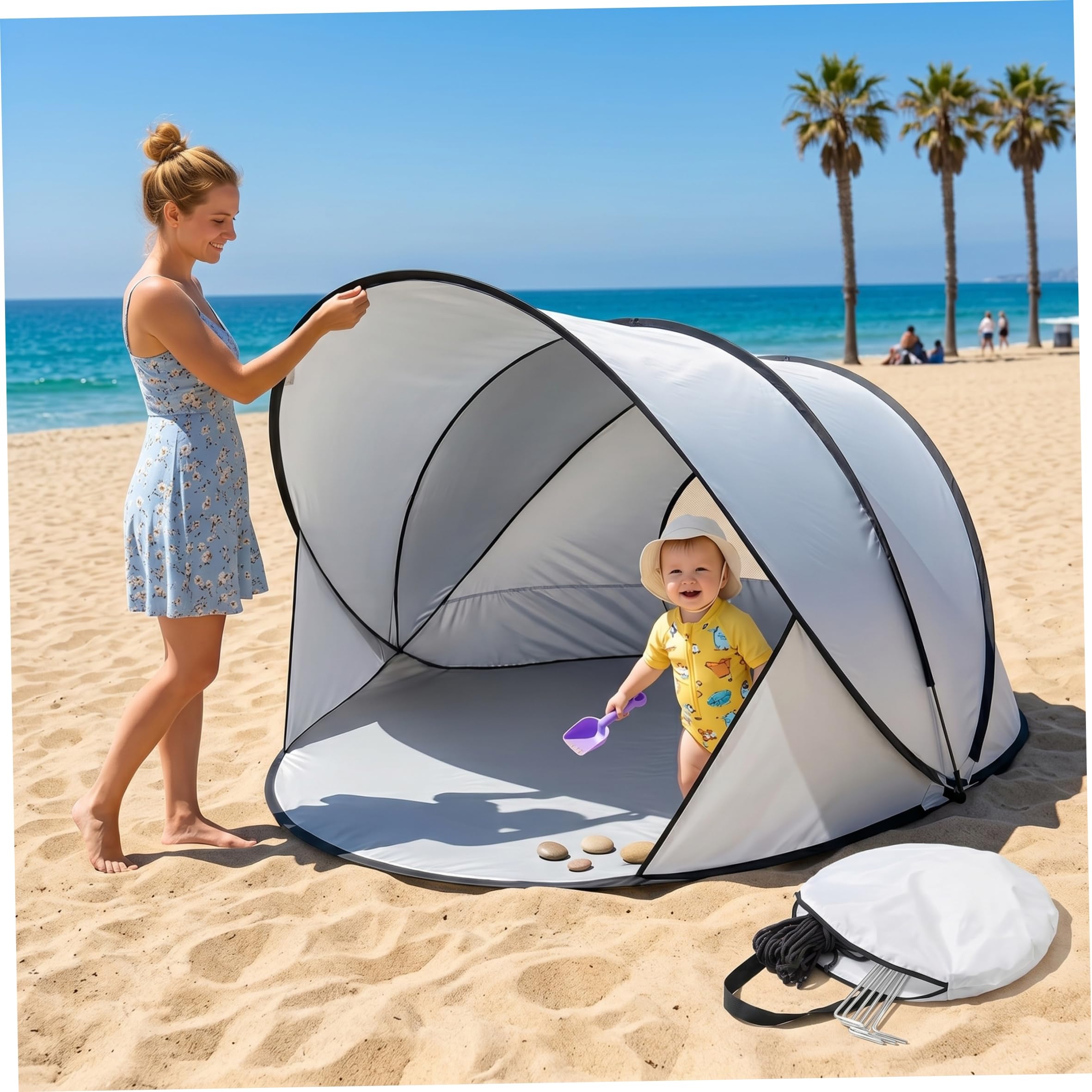 Tienda de campaña para bebés Tienda de Playa para 2-3 Personas Refugio Solar instantáneo UPF 50+ Sombra portátil para Exteriores Blanca de campaña para bebés de Playa instantán