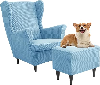 UNBBRRL Jacquard Wingback Chair Covers, Soft Wing Chair and Ottoman Slipcover Set, Stretch Accent High Back Chair Covers for Armchairs Blue Small Check,3 PCS Set