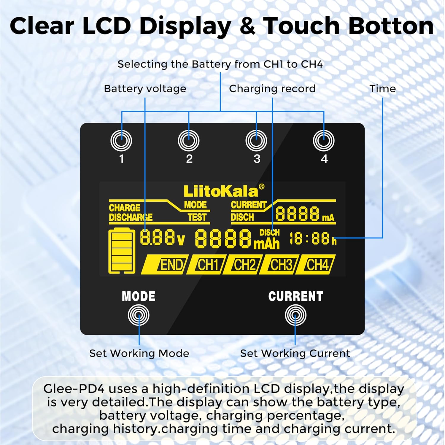 Close-up of the MIEKLALE Lii-500S LCD display, highlighting battery voltage, charging record, time, and current settings.
