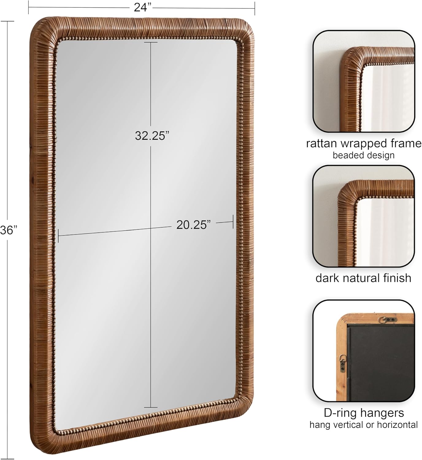 Kate and Laurel Rahfy Boho Beaded Rectangle Rattan Wall Mirror, 24 x 36, Dark Natural Wood, Decorative Rounded Rectangular Mirror with Authentic Rattan Frame for Bathroom Vanity Decor
