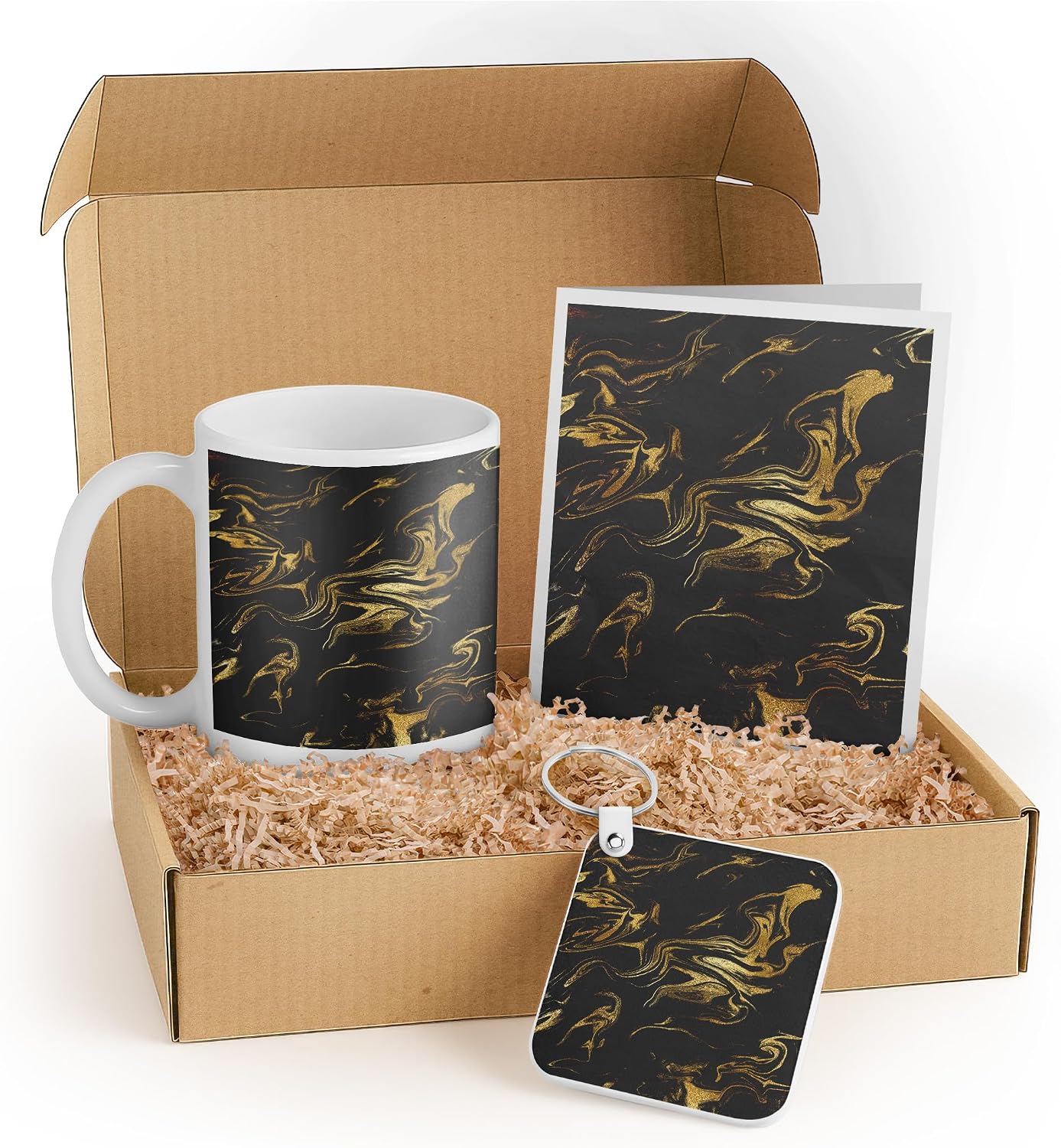 3dRose Chic Gold Glitter Marble Gift Set - Mug, Notebook, and Keychain - Stylish Black and Gold Marble Design - Perfect for Friends, Birthdays, and Housewarming Gifts