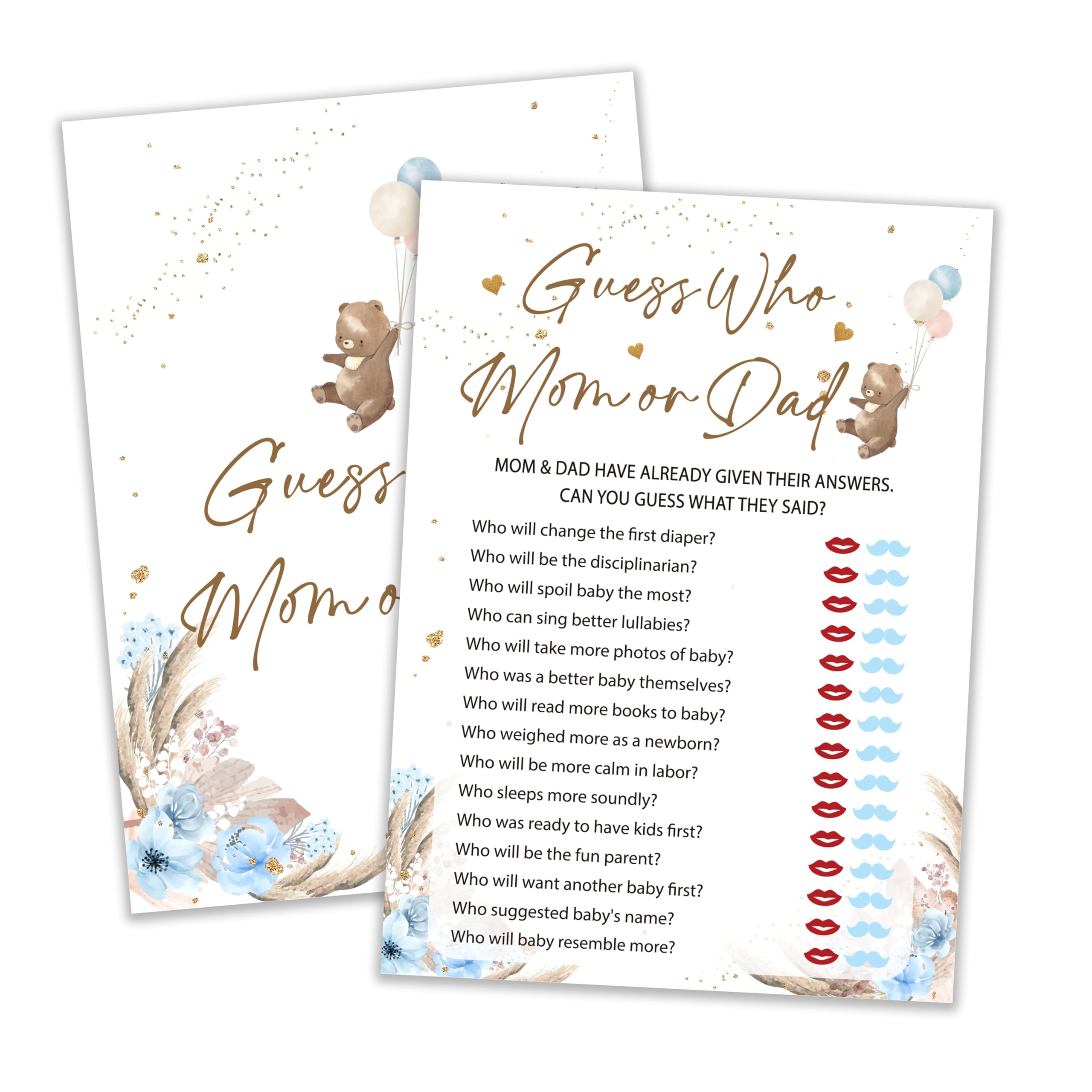 Gry na baby shower, 'Guess Who Mommy or Daddy', motyw niedźwiedzia, niebieska karta do gier na baby shower dla 25 graczy, neutralna płeć pomysły na imprezę, upominek, baby shower chłopcy dekoracje