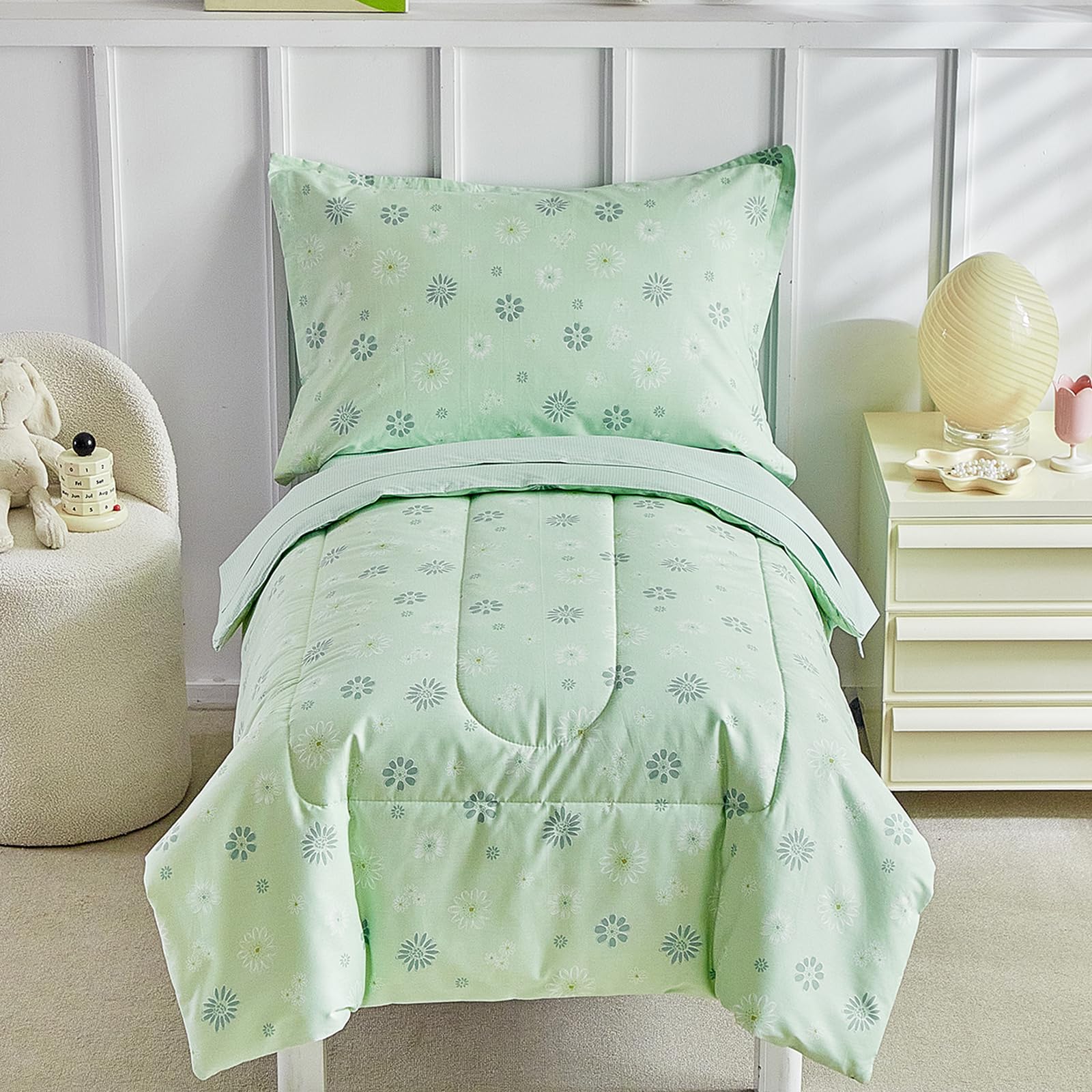 DuShow Cotton Toddler Bedding Set,4 Piece Toddler Bed Comforter Sets, Green Dandelion Pattern for Kids Boys and Girls,Includes Quilted Comforter,Fitted Sheet,Top Sheet,and Pillow Case