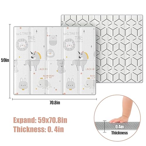 Miniatura 3 de ZEEBABA Tapete de juego de unicornios, 59 x 71 pulgadas, plegable y reversible, tapete de espuma impermeable de 0.4 pulgadas de grosor, tapete de