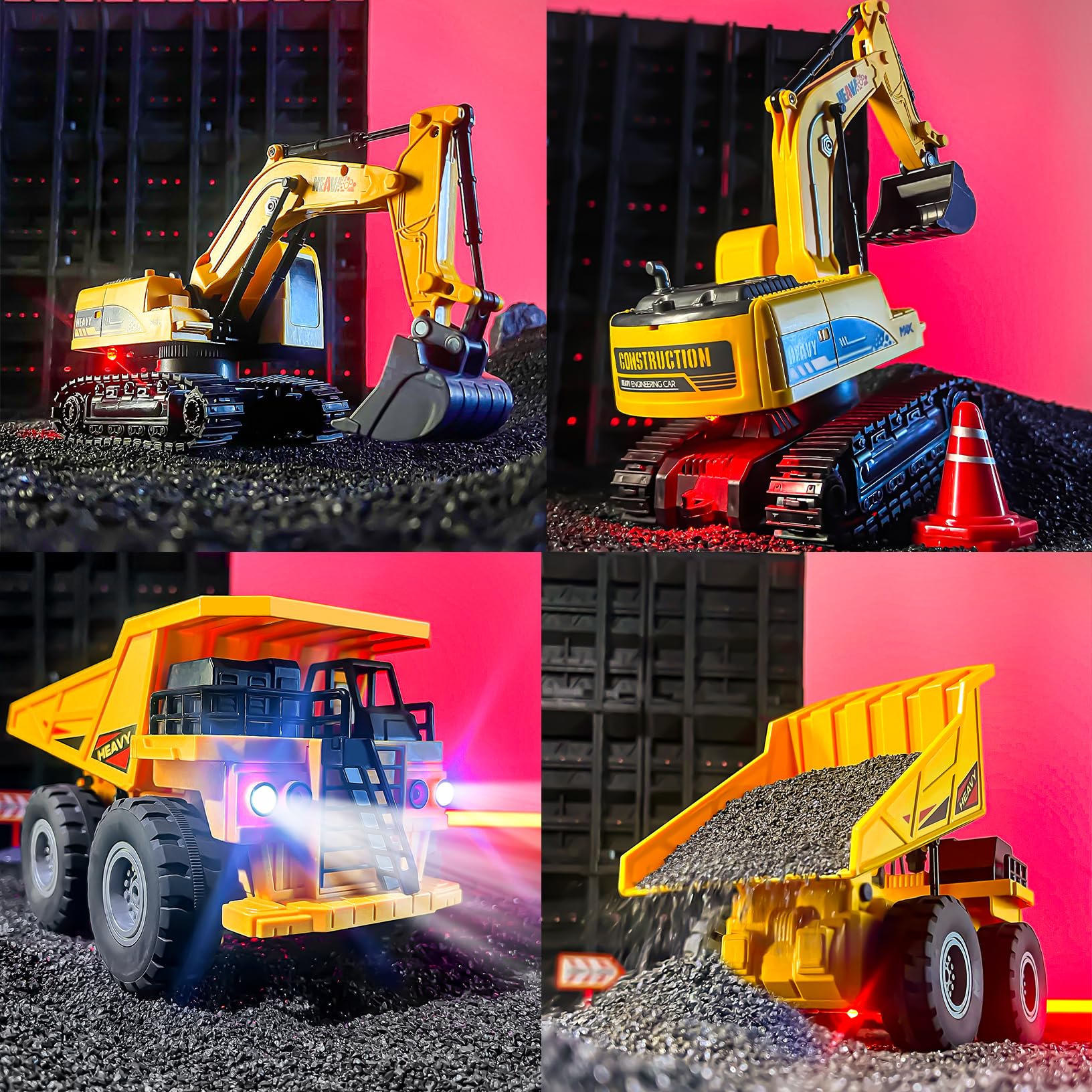 Excavadora RC y camión volquete de juguete para niños, 2.4Ghz 11 canales control remoto vehículo de construcción con luz, sonido, música y demostración automática, regalos de cumpleaños de Navidad 4
