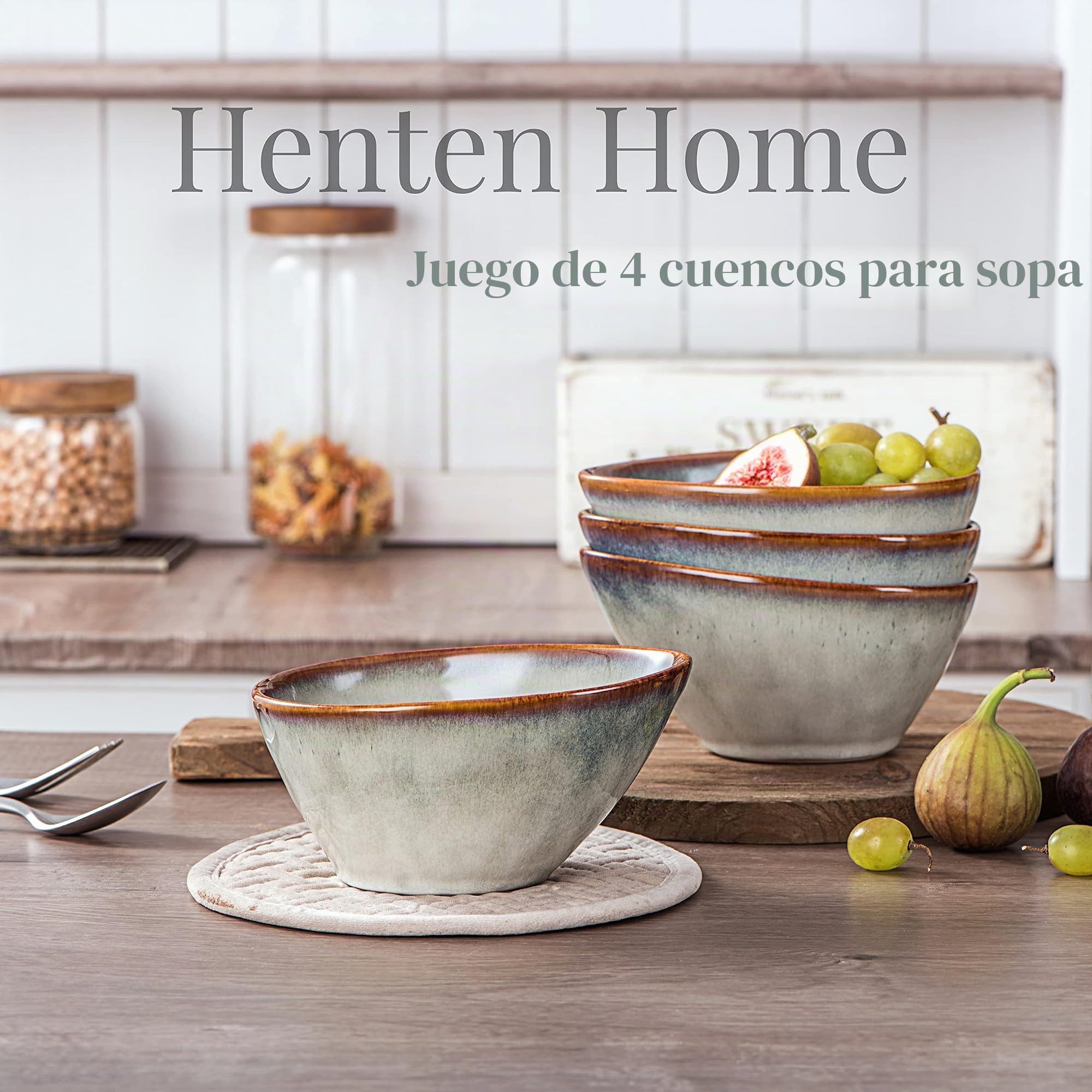 Henten Home Set de 4 Tazones de Pasta de Barro - Tazón de Postres - Tazón de Snack - Tazón de Hielo - 800 ml - Diseño Beige Vintage