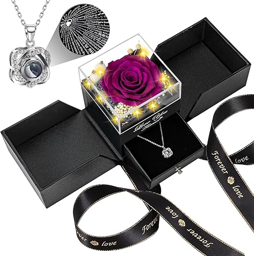 Miniatura 12 de Rosa Real Preservada con Collar de Corazón I Love You - Flores Eternas Regalos de Cumpleaños de Rosa para Ella Mamá Esposa Novia Abuela en San 2