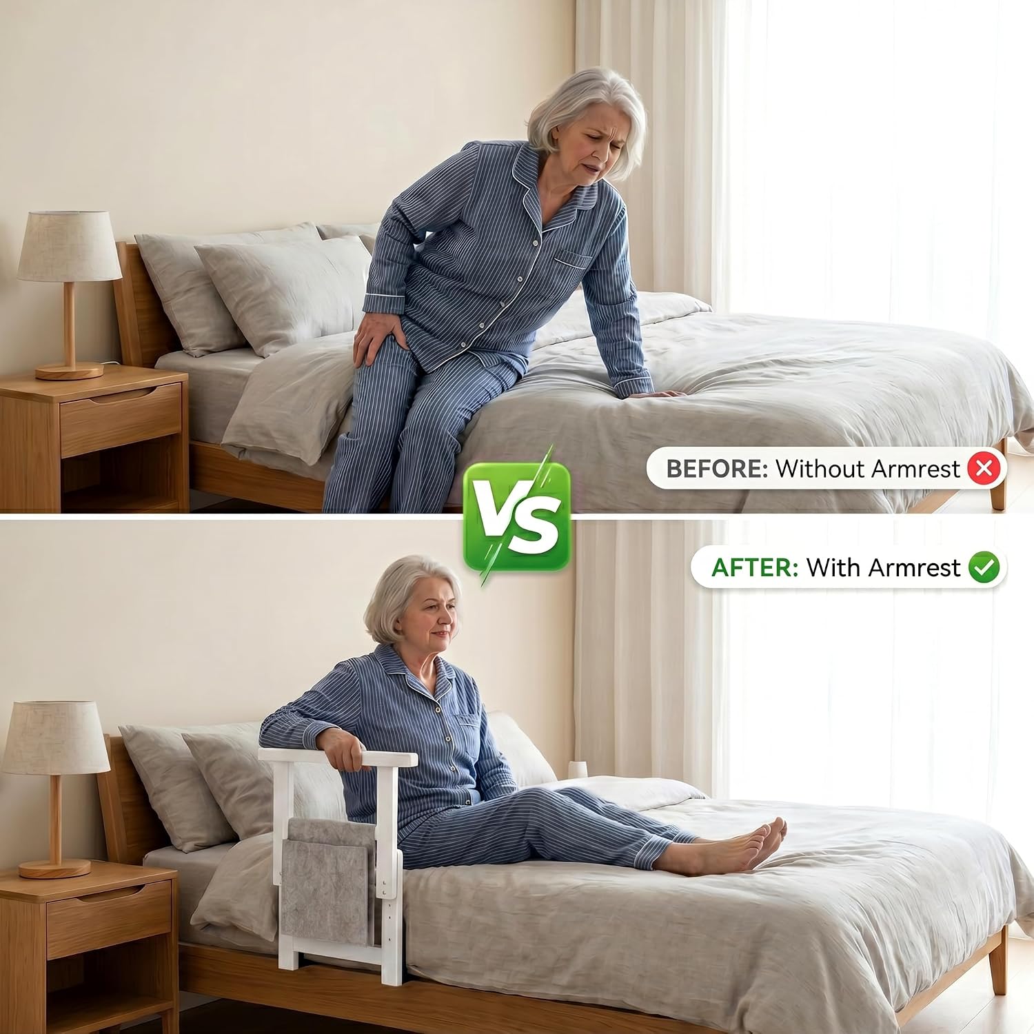Wooden Bed Assist Rail for Seniors Adjustable Grab Bar 300lbs White | Non-Slip Handle, Storage Pocket, Fits 5–30 cm Mattresses, Fits Twin, Full, Queen & King Beds