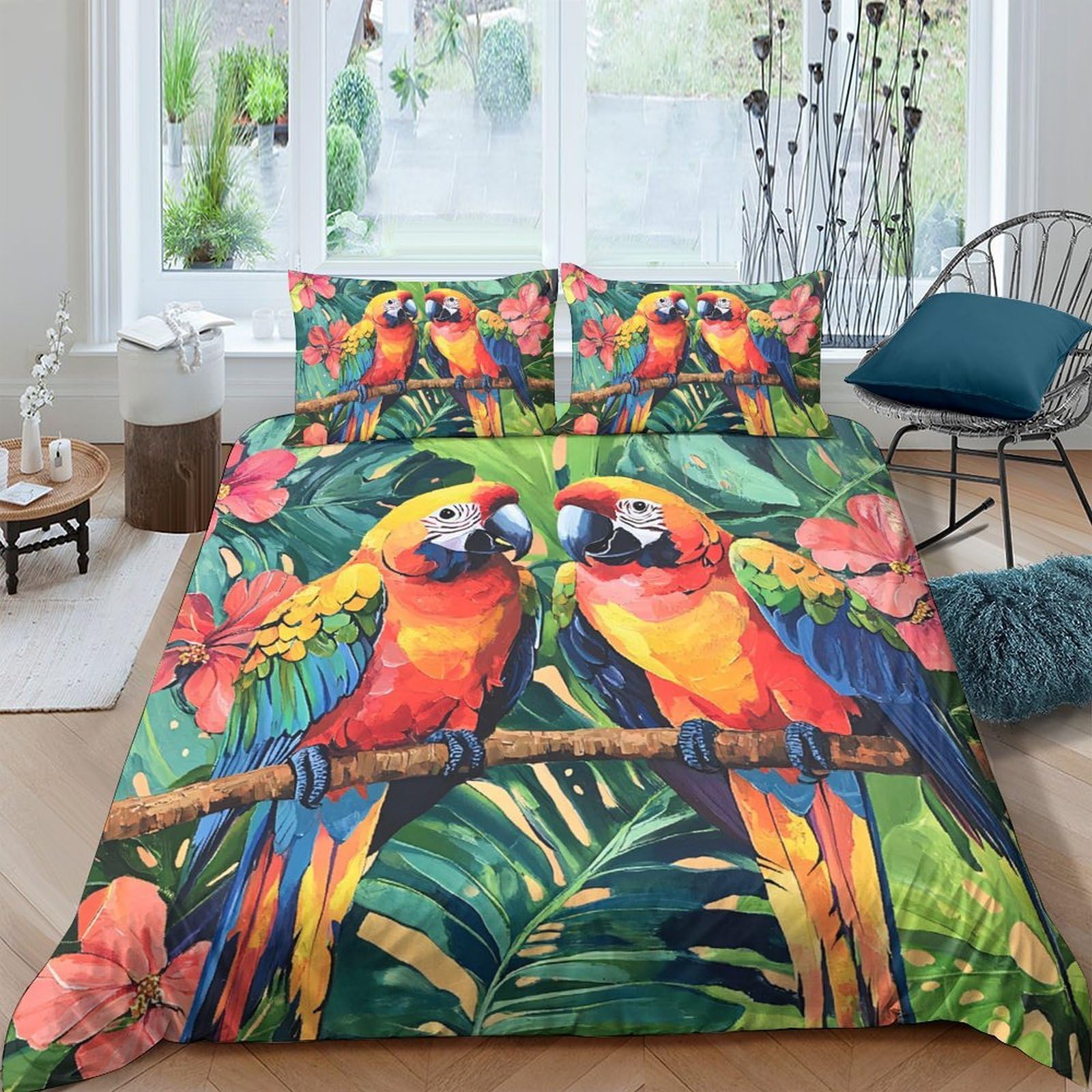 GPLZQXKJNH 3D Printed Parrot Tropical Birds Duvet Cover Microfiber Soft Breathable Jungle Leaves Bedding Set with 2 Pillowcases for Bedroom Decor Single（135x200cm）