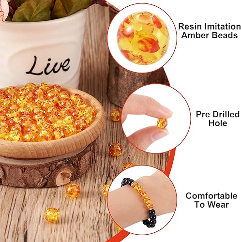 Miniatura 7 de Pandahall - 100 cuentas de resina transparente ámbar de flores de resina suelta, bola redonda, cuentas acrílicas de ámbar de fuego, espaciador,