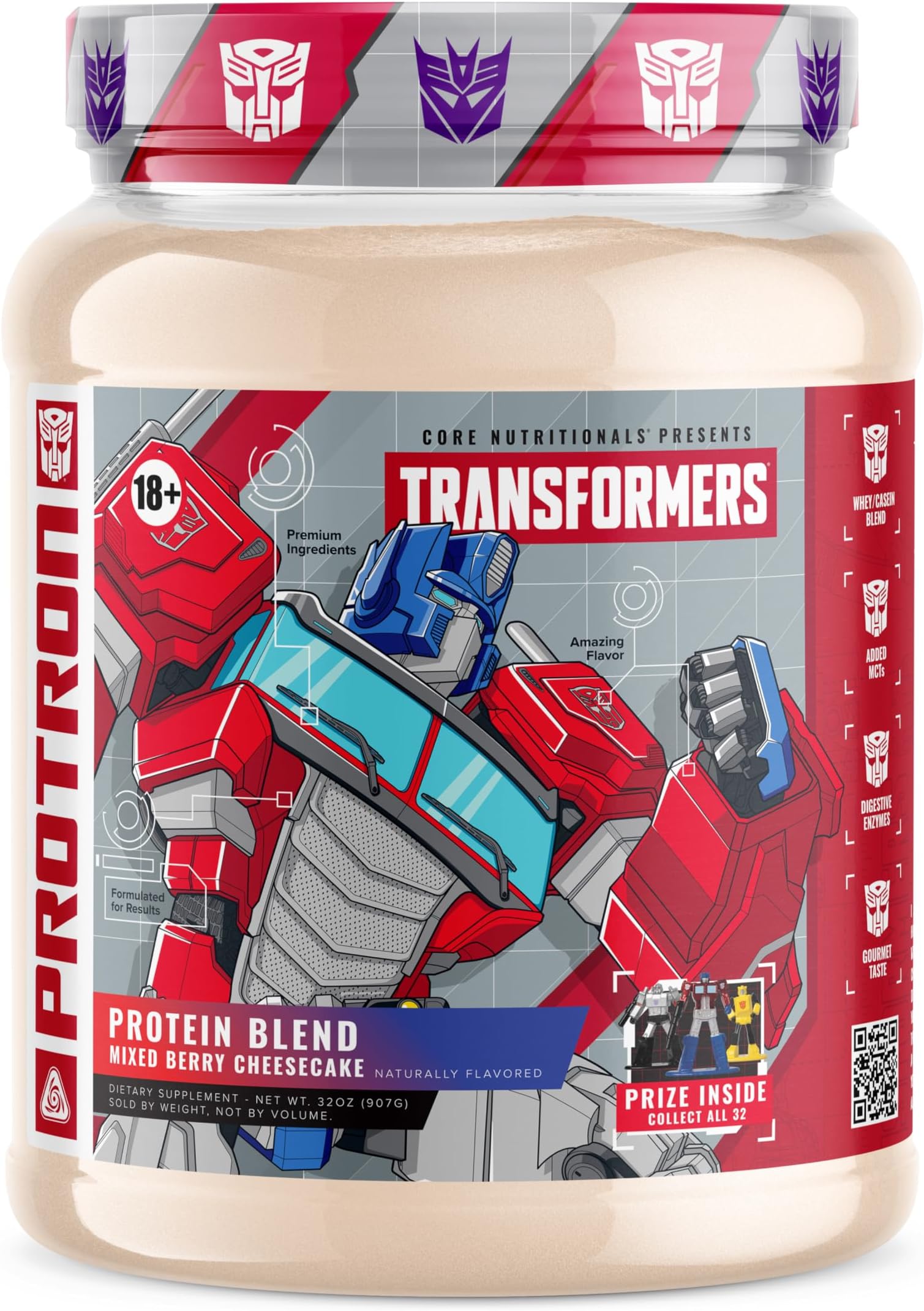 Transformers Protron Protein | Whey + Casein Blend | MCTs & Digestive Enzymes | 25g Protein | Free Prize Inside - Optimus Prime | 2 Pound (Mixed Berry Cheesecake)