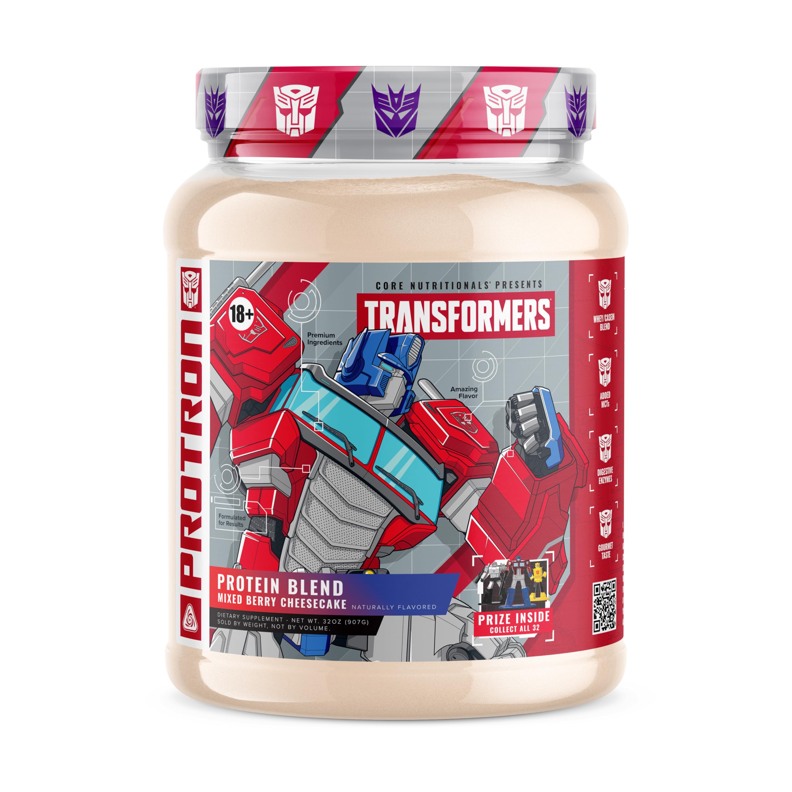 Transformers Protron Protein | Whey + Casein Blend | MCTs & Digestive Enzymes | 25g Protein | Free Prize Inside - Optimus Prime | 2 Pound (Mixed Berry Cheesecake)