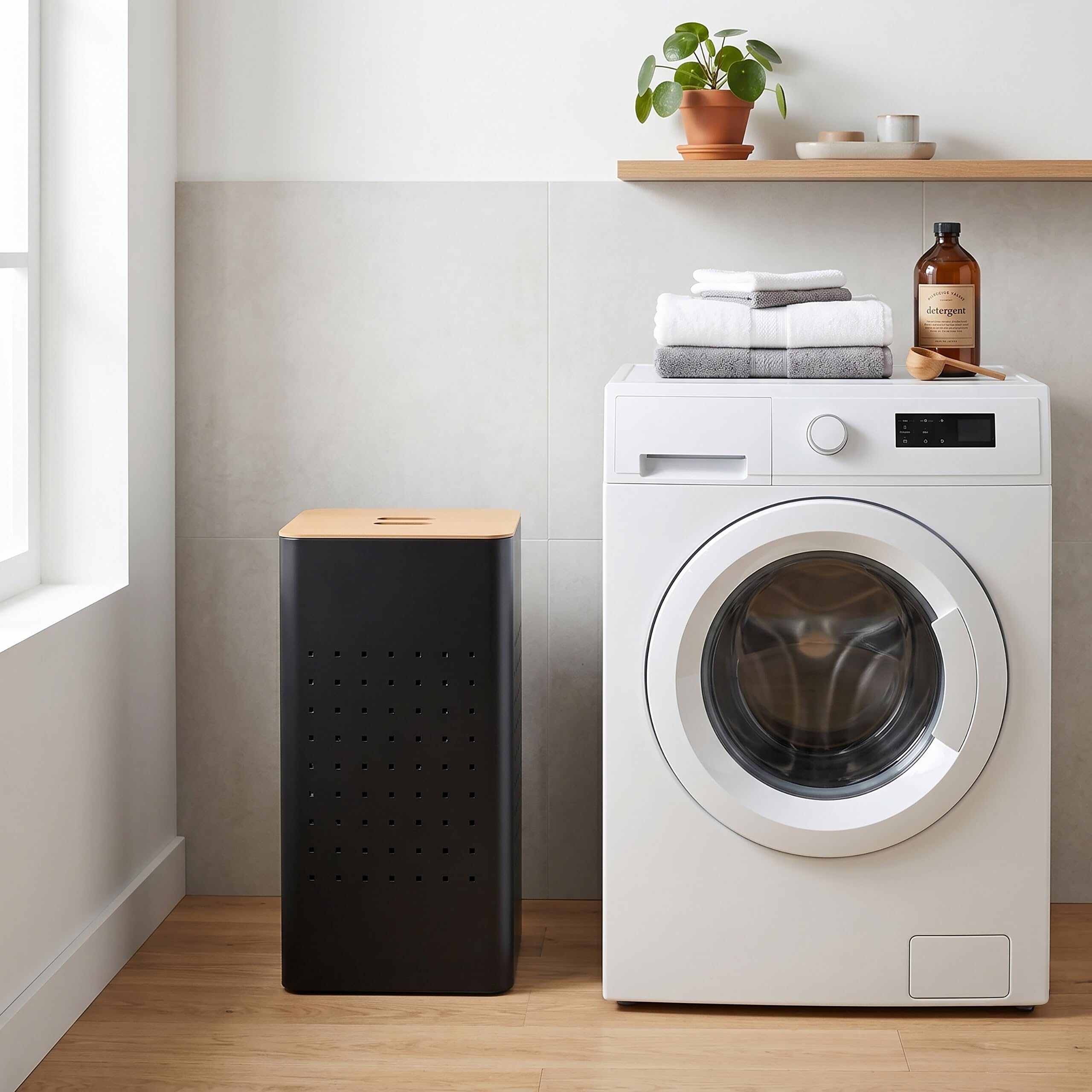 Relaxdays, Wäschekorb mit Deckel, Metall, 55 l, schwarz/natur