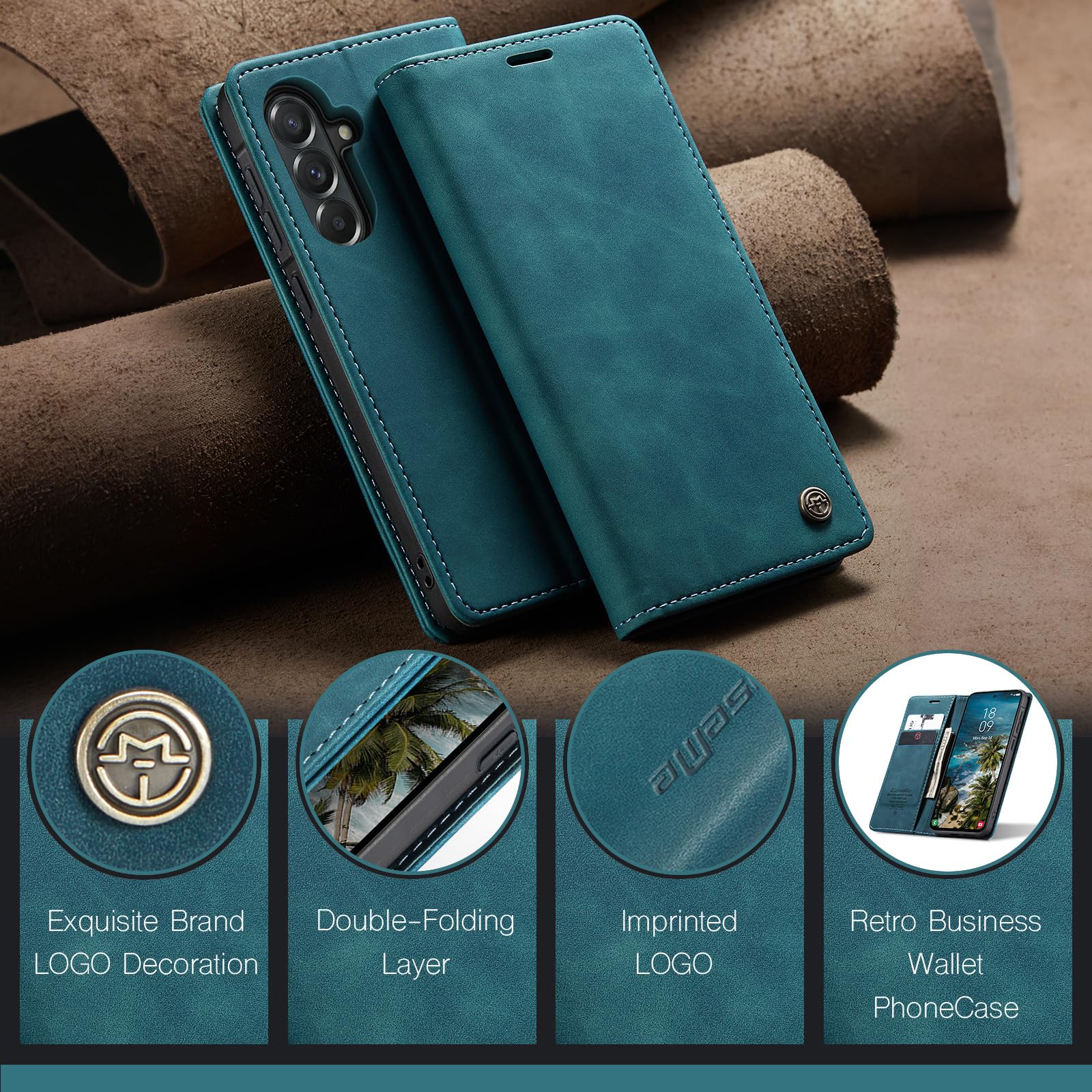 for Samsung Galaxy A57 Case, Wallet Case Flip Leather with Card Holder Magnetic Closure Shockproof Kickstand Protective Phone Cases Cover for Galaxy A57, Blue-Green — view 8