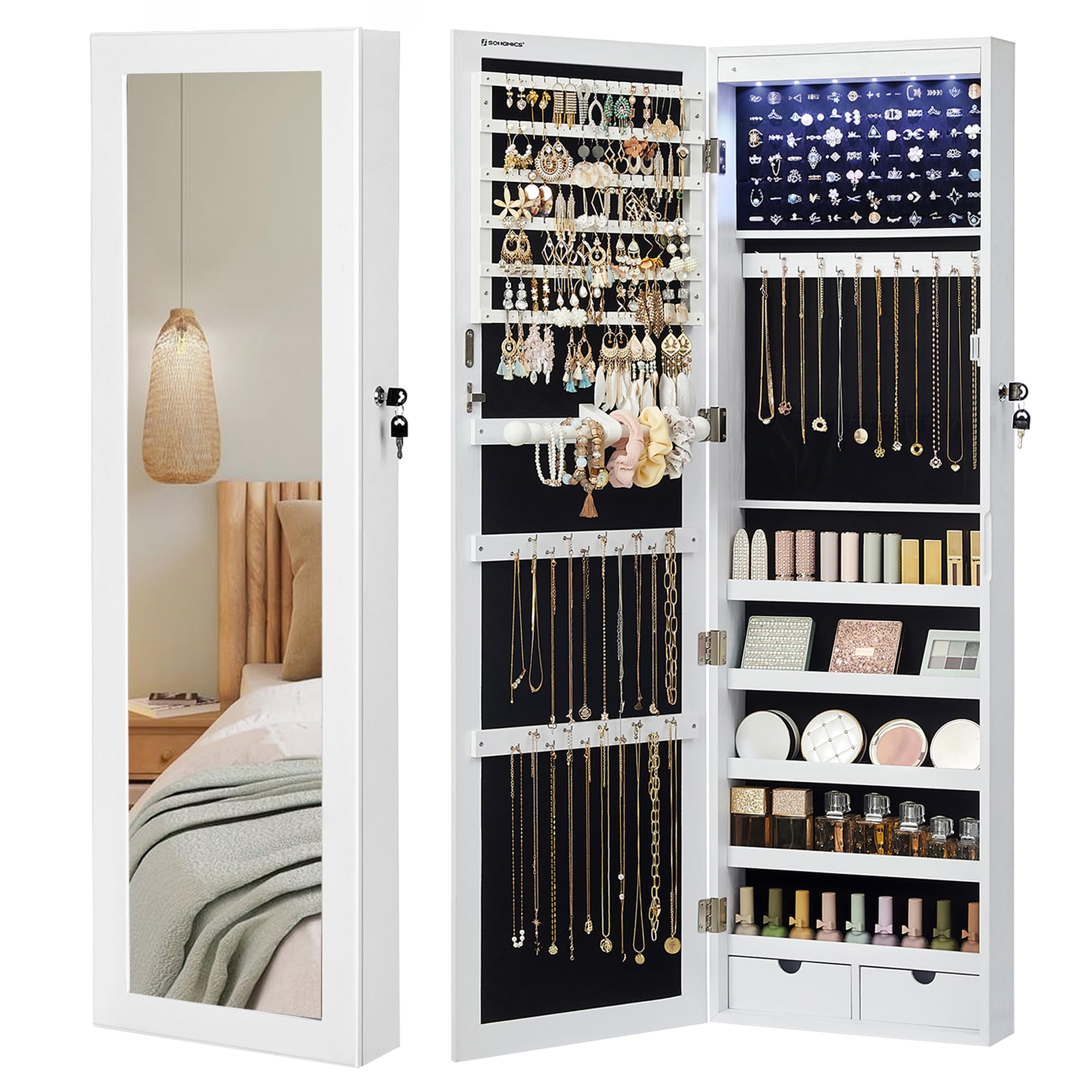 SONGMICS Specchio Portagioie con 6 Luci a LED, Alto 120 cm, Armadietto Portagioie da Parete o Porta con Chiusura e Specchio, 2 Cassetti, 10 x 37 x 120 cm, Bianco e Nero JBC93W