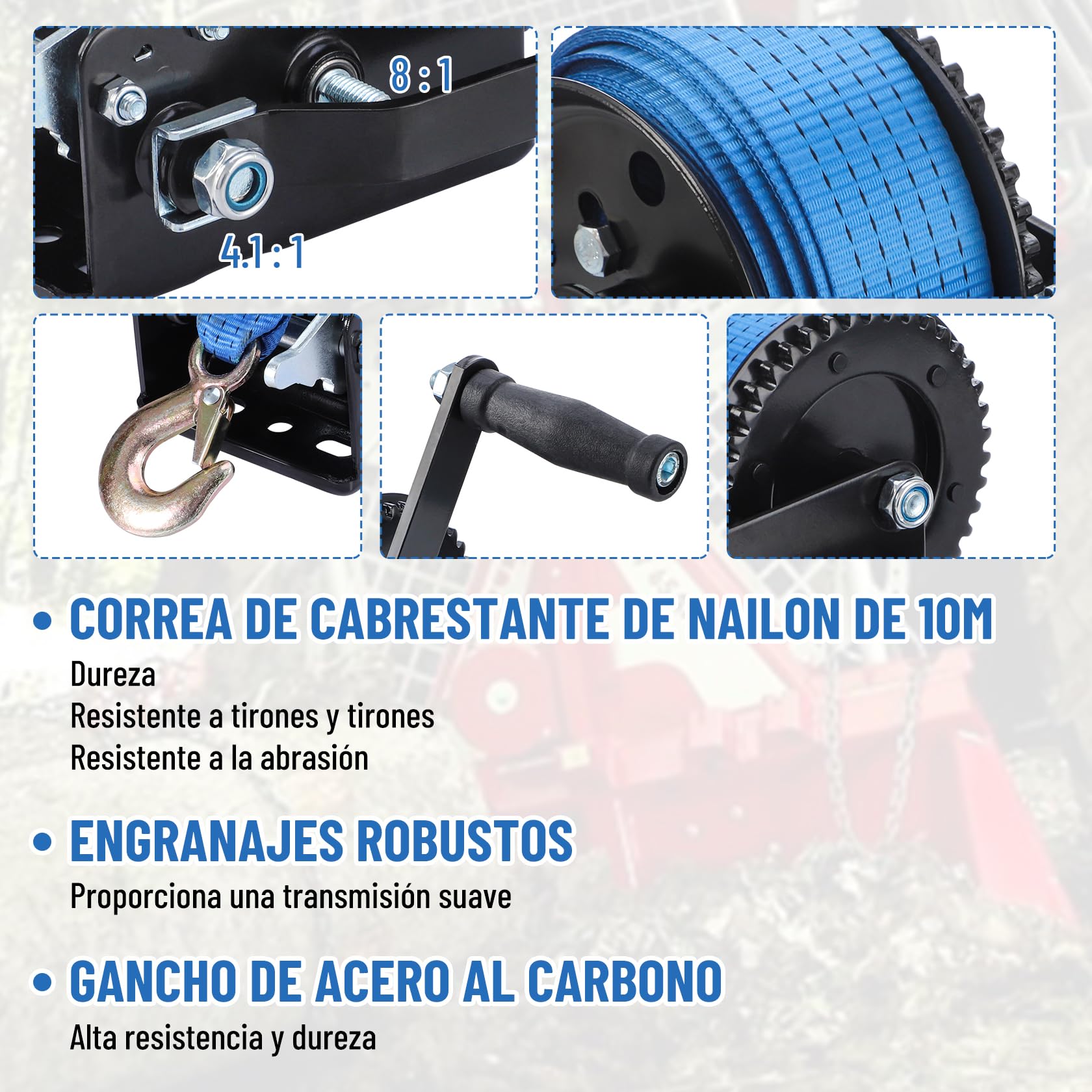 Pindex Cabrestante manual con correa de 10m, cabrestante manual de cuerda de 1000kg con banda de correa, cabrestante para barco, cabrestante de correa manual con freno antirretorno para taller, garaje