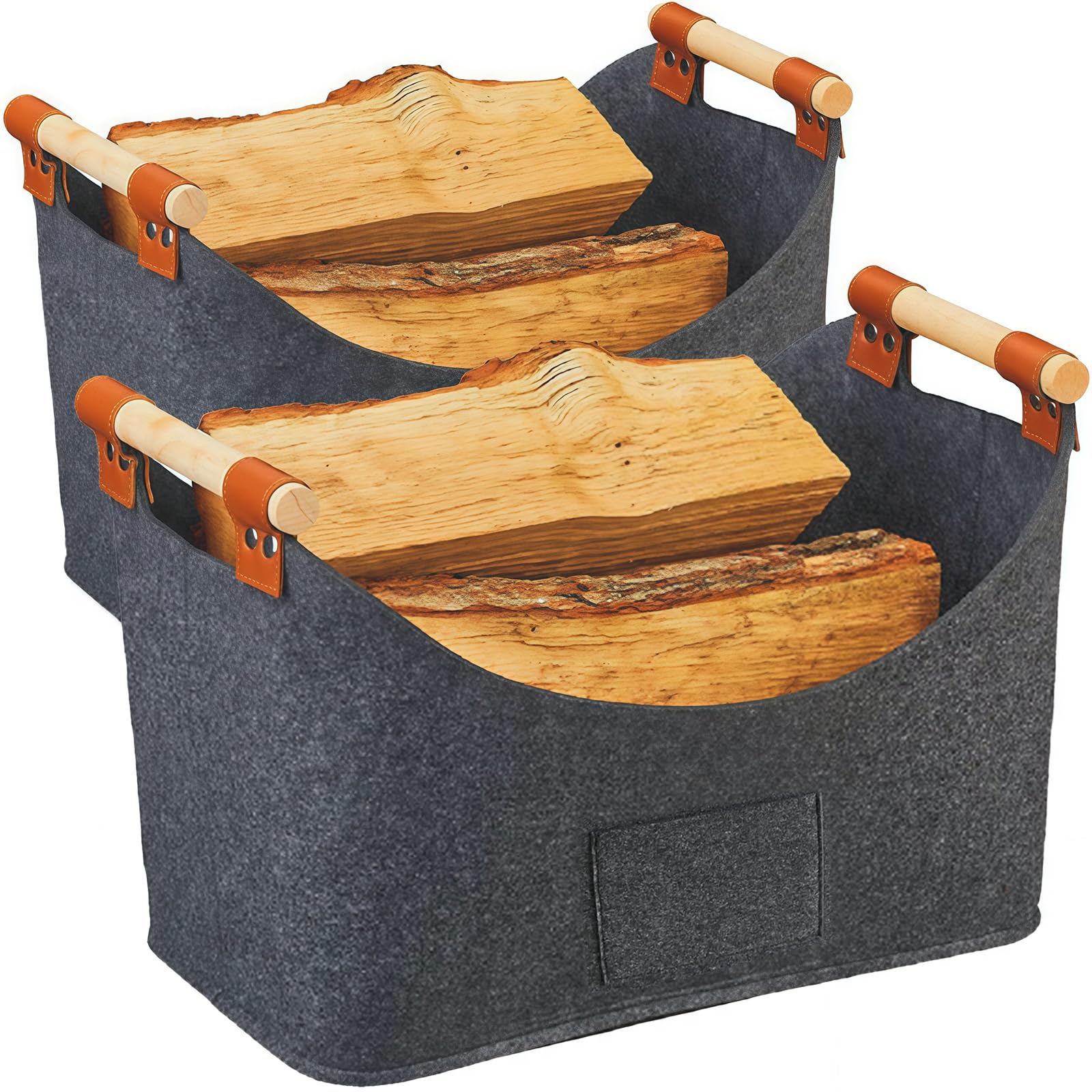 2-Pack Felt Firewood Baskets with Wooden Handles, 57L Foldable Log Holder for Indoor/Outdoor Fireplace