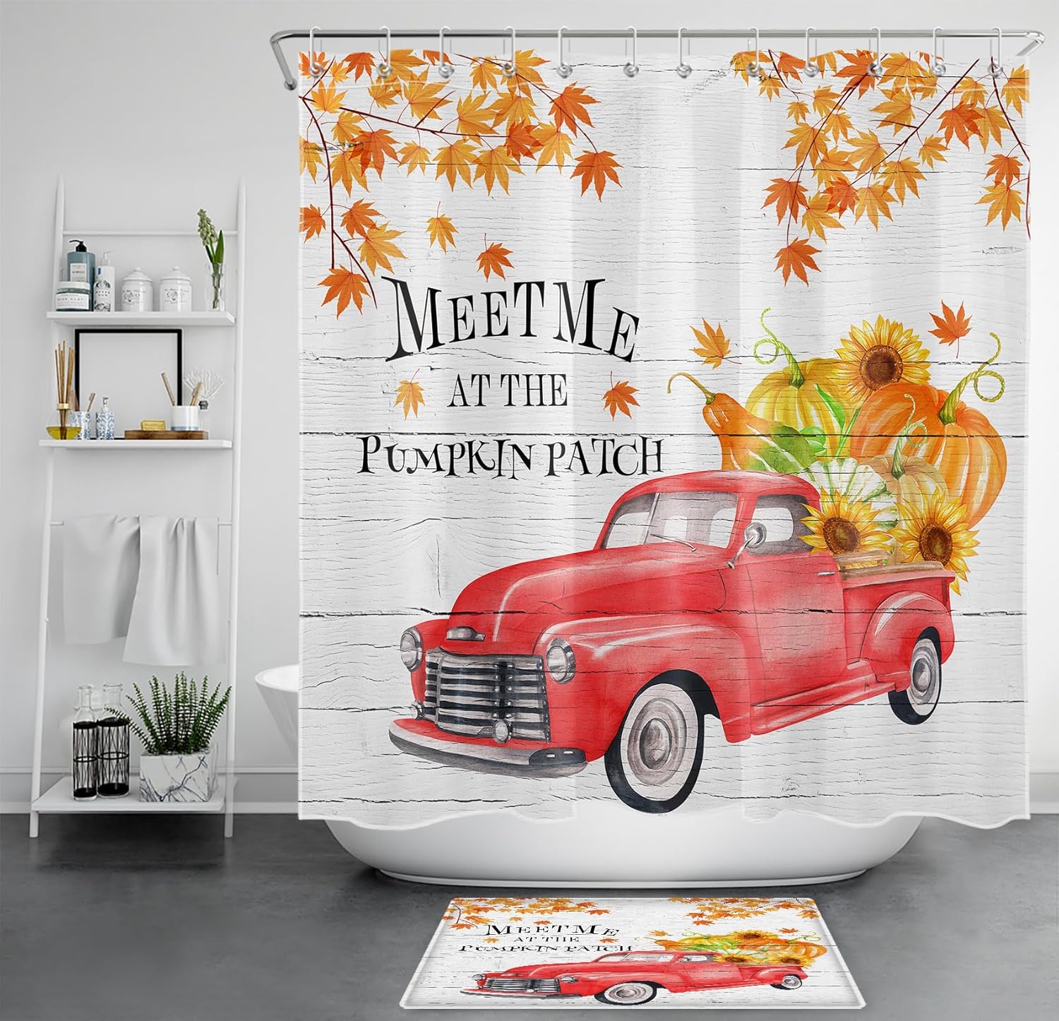 LB Fall Pumpkin Truck Shower Curtain Sets with Rugs Thanksgiving Orange Maple Leaf Sunflower Floral Fabric Shower Curtain with Hooks Autumn Harvest Bathroom Curtains Shower Set, 72x72 inches