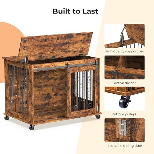 Miniatura 4 de Lyromix Muebles de jaula para perros con divisor para 2 mascotas pequeñas a medianas, mesa auxiliar de jaula de madera, perrera de interior