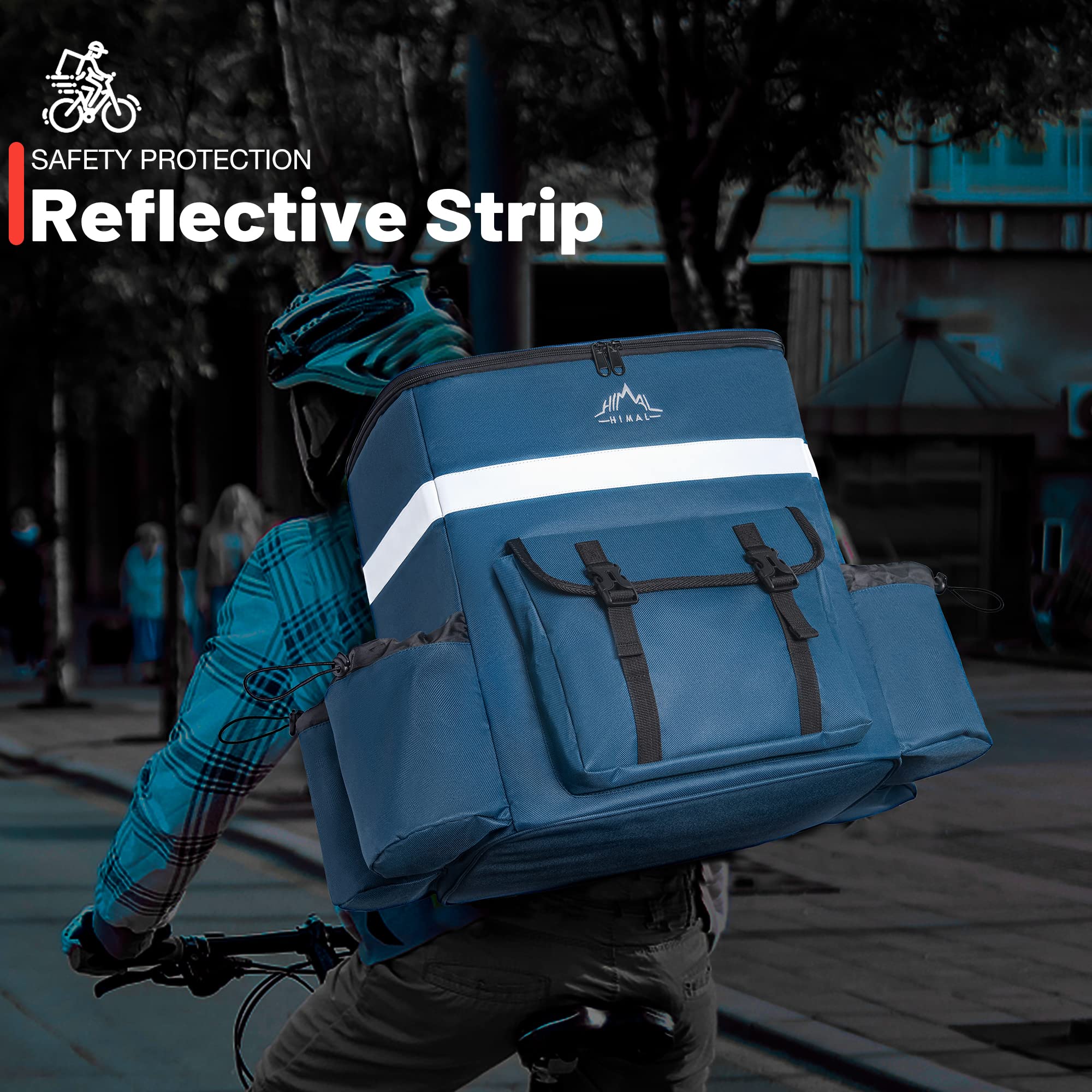 GoHimal Mochila de entrega de alimentos, bolsas de entrega aisladas para bicicleta de parto, bolsa grande para entrega de pizza para calor/frío con 4 bolsillos, tira reflectante para Uber Eat, camping
