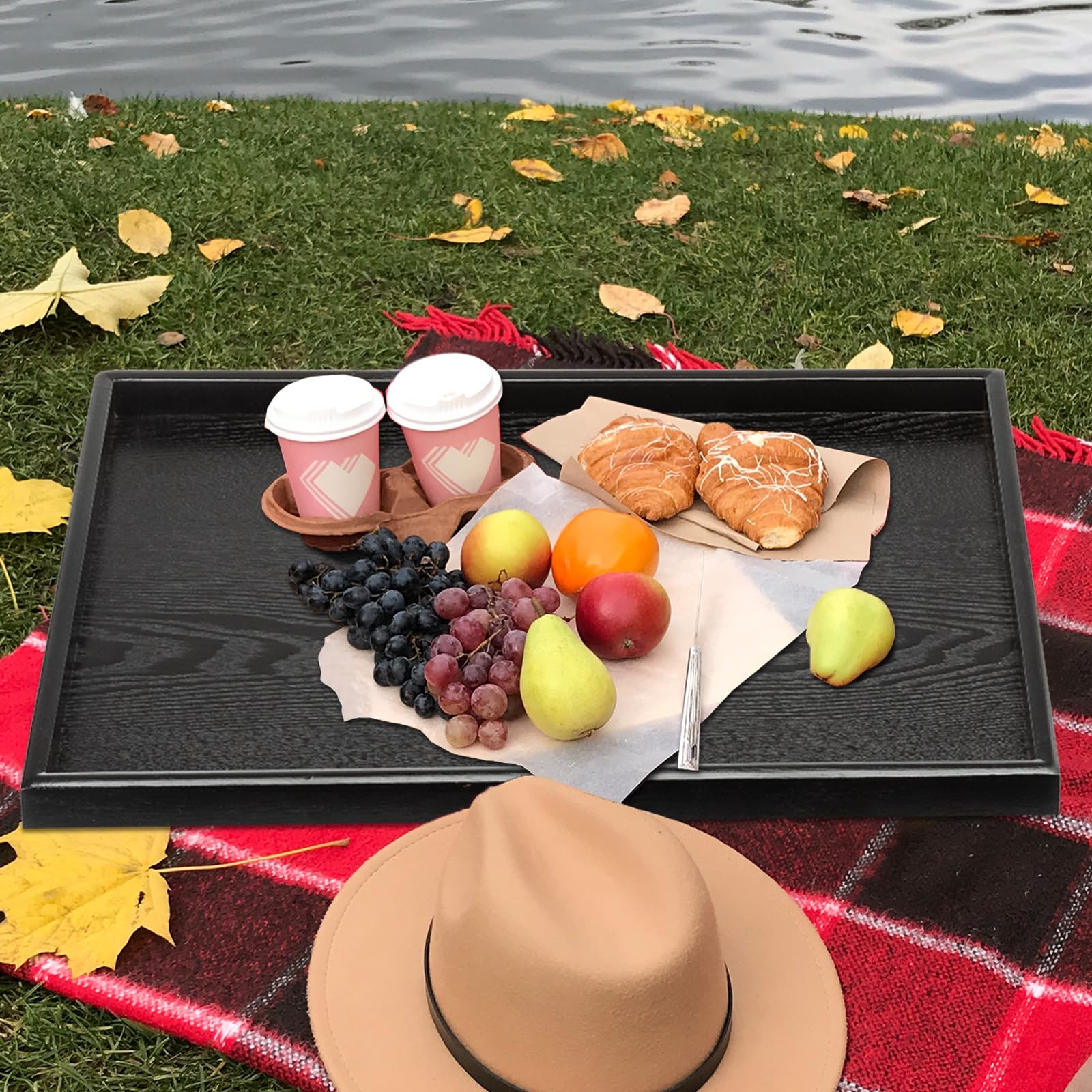 Bandeja extragrande de madera maciza de 32 x 20 pulgadas, bandeja para servir té, mesa de café, aperitivos, comida, cocina, fiesta, bar, servidor, bandeja de desayuno con bordes elevados, bandeja