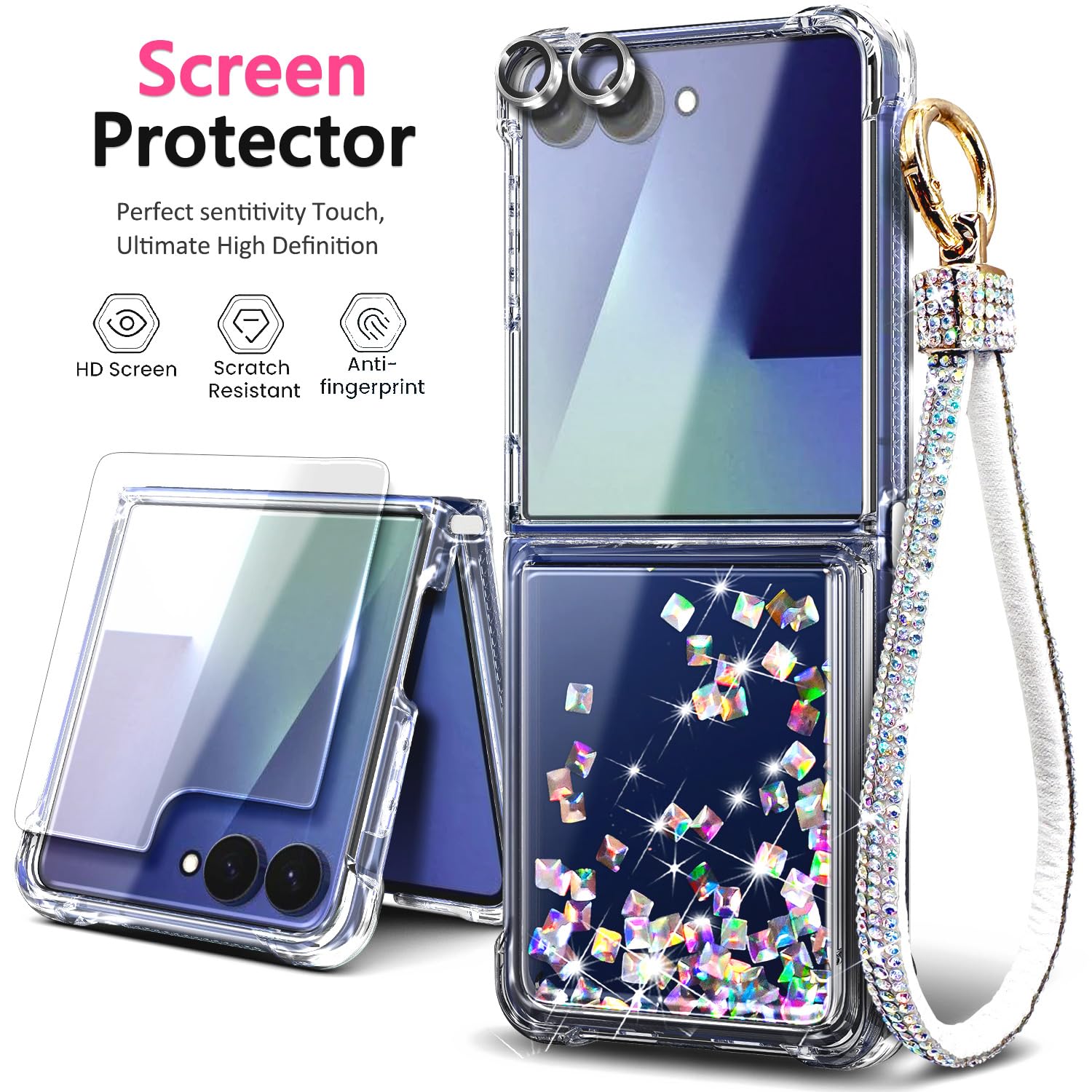 NGB - Custodia per Galaxy Z Flip 8, con cristalli liquidi glitterati | Compatibile con Samsung Galaxy Z Flip 8, pellicola salvaschermo in vetro temperato e cinturino da polso inclusi