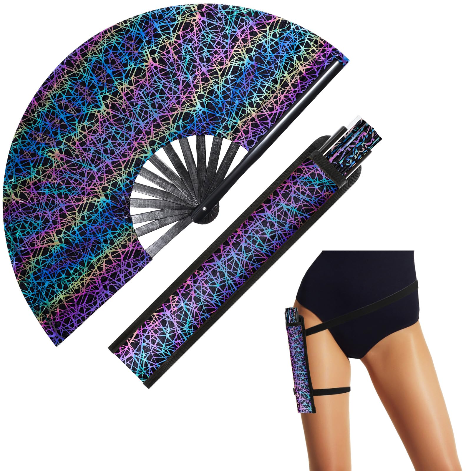 FairySandy Large Rave Fan UV Glow Hand Fan with Holster for Men Women Disco Party Supplies for Carnival St. Patrick's Day Edm Music Festival Club Rave