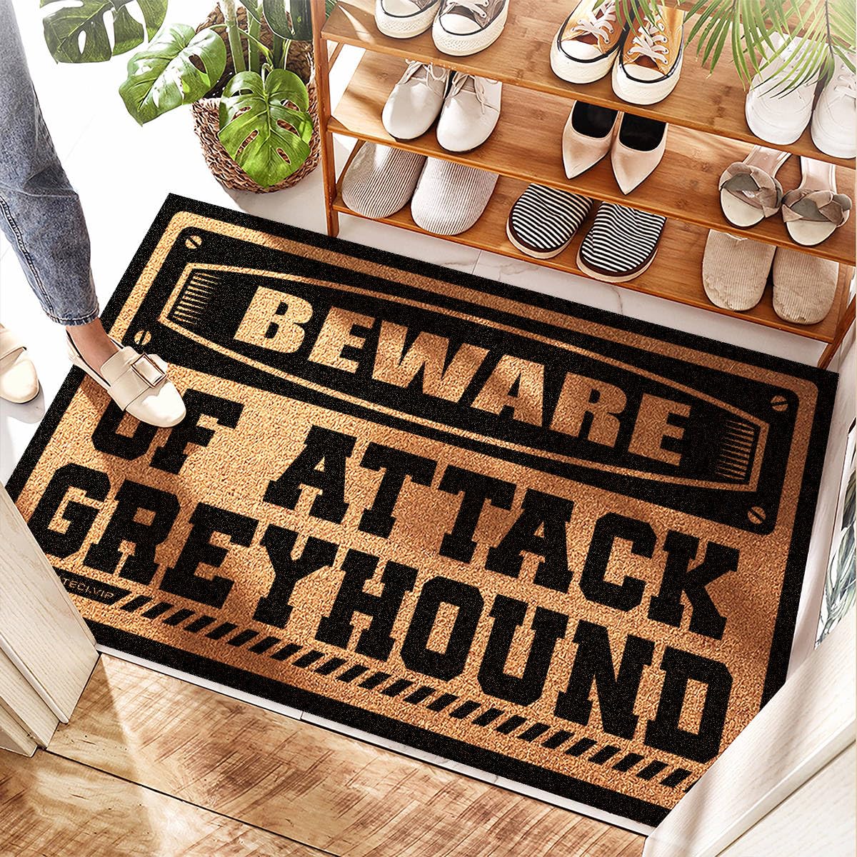 Paillasson coco 65x90 cm Beware Of Attack Greyhound pour entrée et terrasse