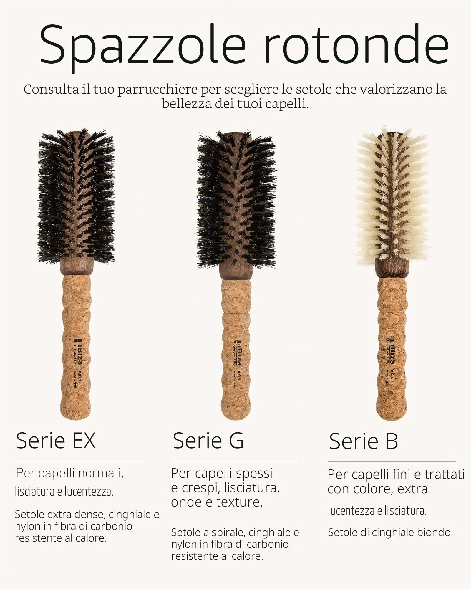 Ibiza Hair - Spazzola rotonda - Legno di sughero eco - B4 Naturale - Professionale - Fatto a mano - Grande