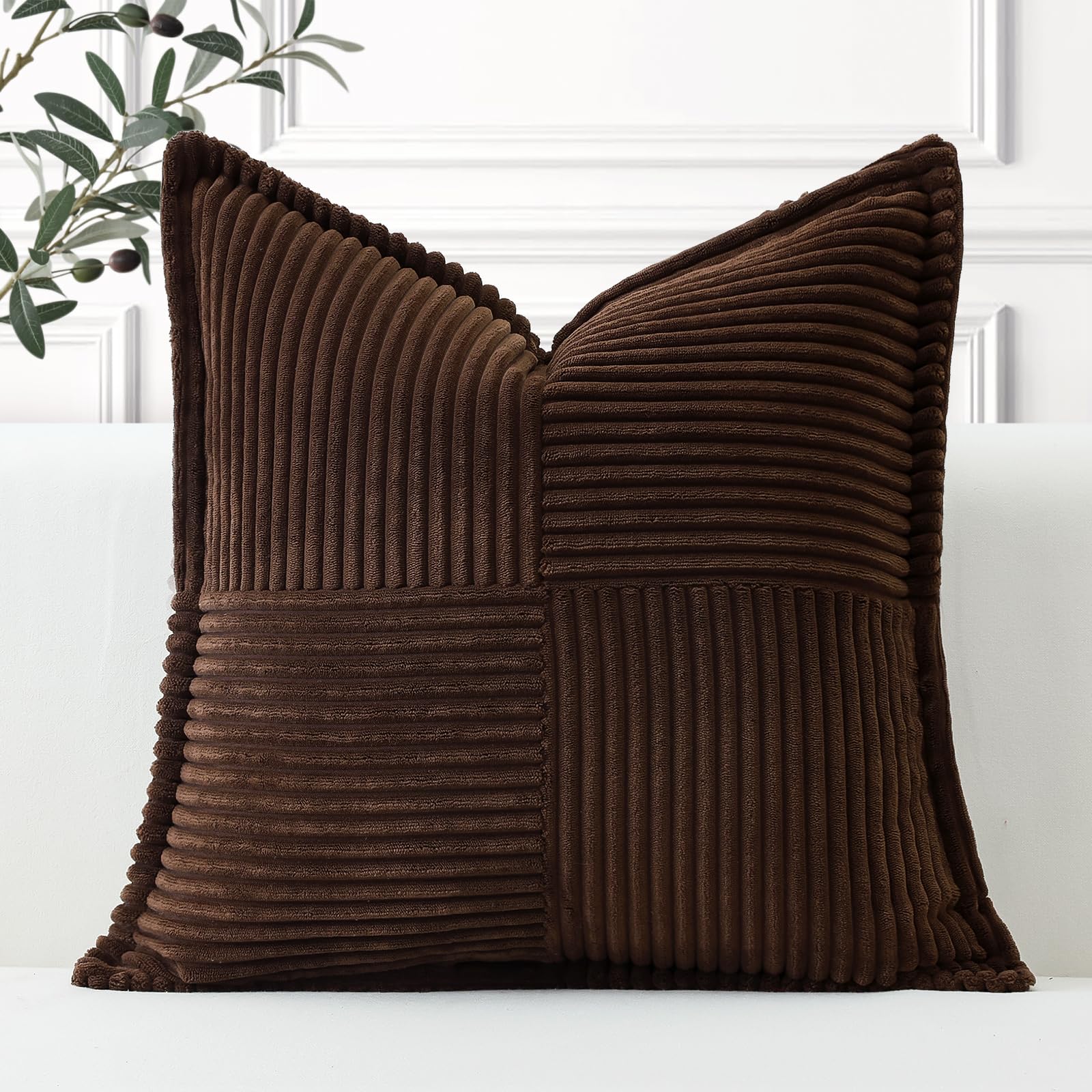 Artscope Striped Corduroy Cushion Covers with Splicing Super Soft Boho Pillow Covers Broadside Decorative Textured Throw Pillows for Couch Sofa Bed Living Room 45x45cm, Dark Brown
