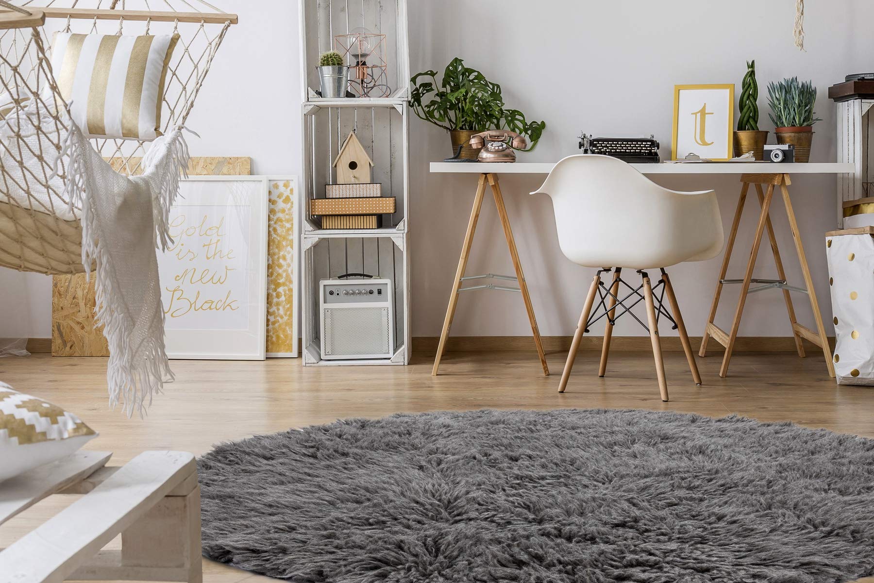 Tapis Flokati en Laine de Grèce, tapis doux à poils longs gris de 150cm pour lit