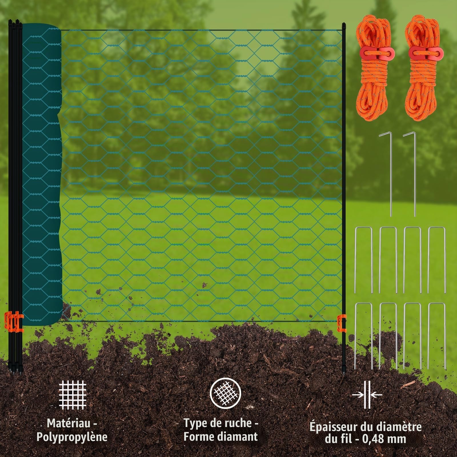 Clôture Mobile pour Chien 120 cm Hauteur, Treillis Métallique Gainé, 15 m / 25 m / 30 m, avec Tiges Pleines en Fibre de Verre, Clôture à Picots pour Jardin, Camping et Dressage