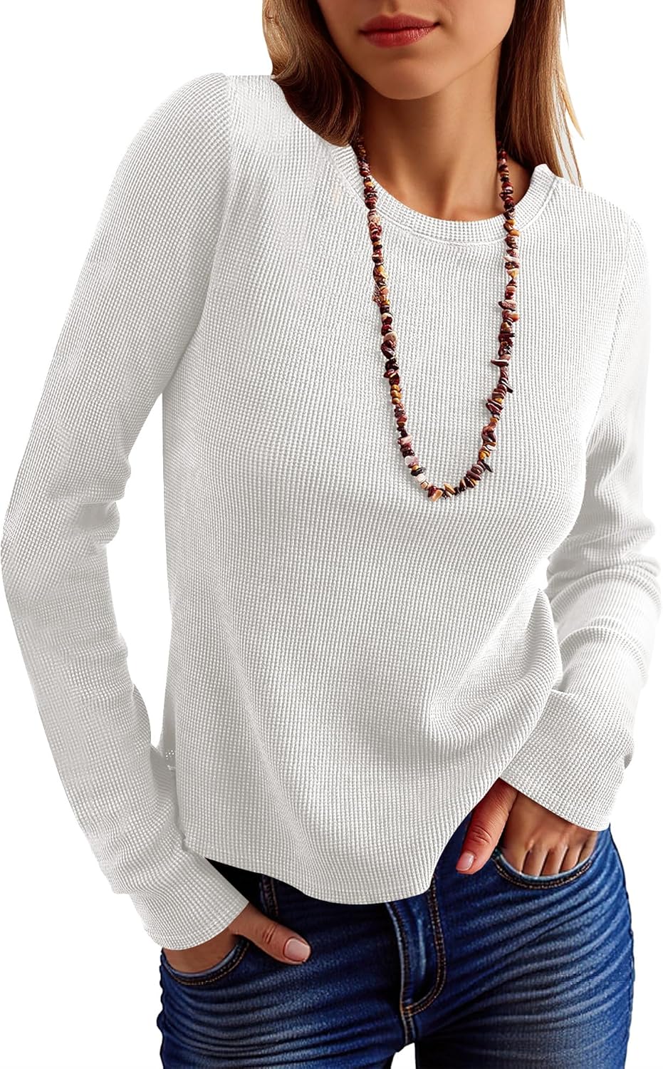 ANRABESS Women's Long Sleeve Waffle Knit Shirts Casual Slim Fitted Crew Neck Thermal Tops Basic Tee 2026 Fall Trendy Outfits