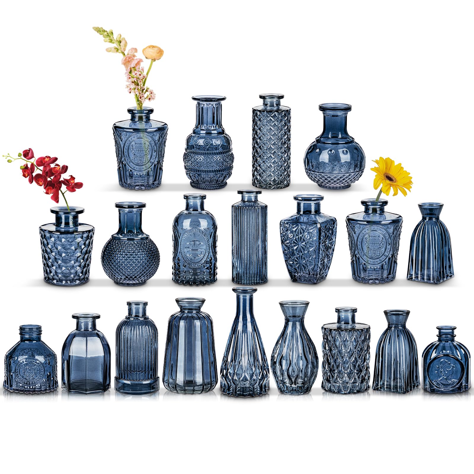 Oairse Glass Bud Vases Set of 20 Blue Glass Vase for Flowers Mini Vintage Bottle for Floral Arrangements Decorative Small Vases in Bulk for Wedding Centerpieces Table Decoration Home