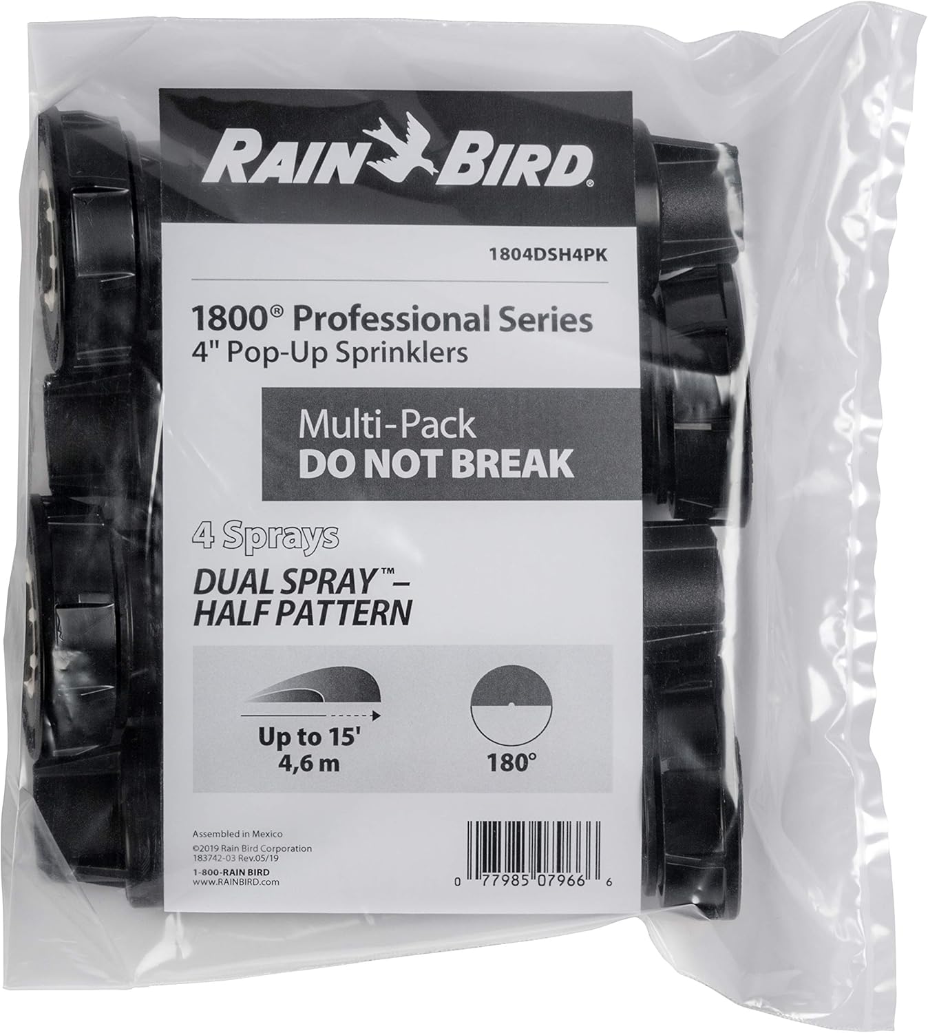 Rain Bird 1804DSH4PK Professional Dual Spray Pop-Up Sprinkler, 180° Half Circle Pattern, 8' - 15' Spray Distance, 4" Pop-up Height, 4-Pack